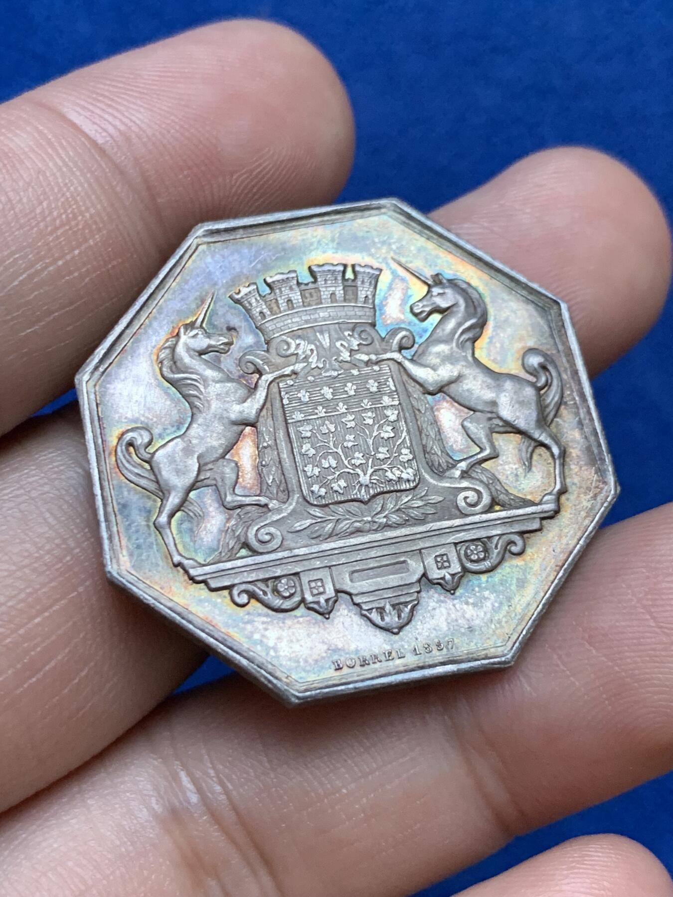 《竞宝斋》第286场-周六， 周日，周一 3场连拍 （全场包邮） 法国亚眠商业银行八角银质代币 17.2g 33.9mm 手指边铭 极少见品种