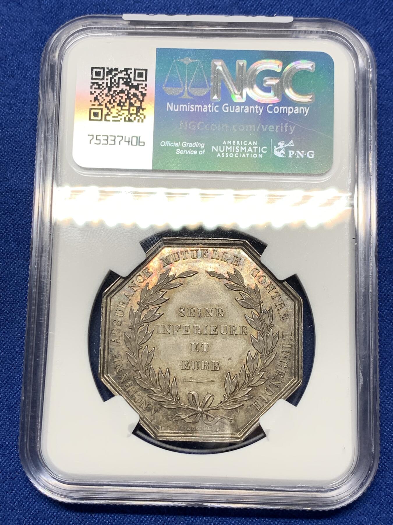 《竞宝斋》第286场-周六， 周日，周一 3场连拍 （全场包邮） NGC MS62 法国1843火凤凰八角银质代币