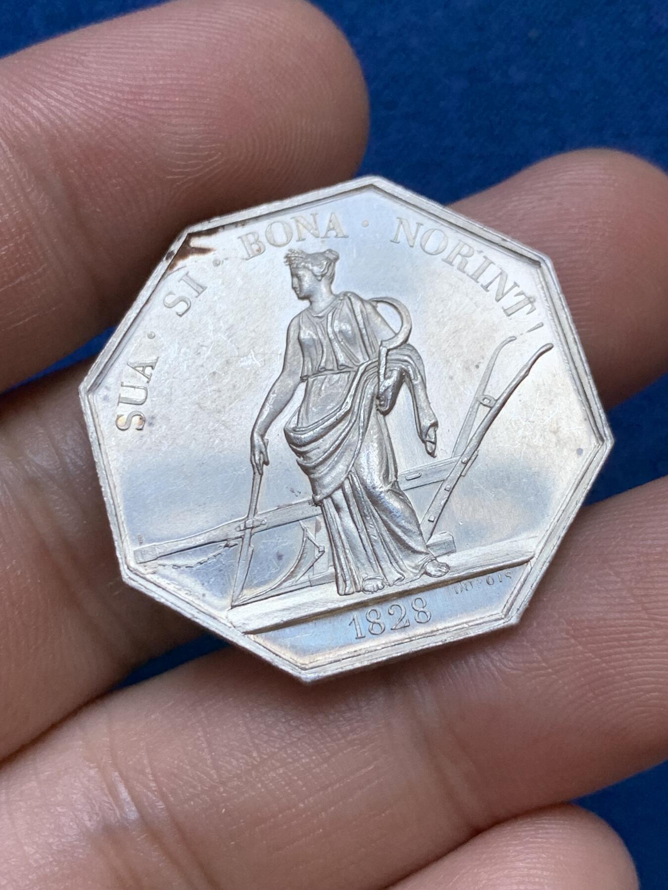 《竞宝斋》第286场-周六， 周日，周一 3场连拍 （全场包邮） 法国1828卢瓦尔农业协会八角银代币 蜜蜂边铭 30mm 10g