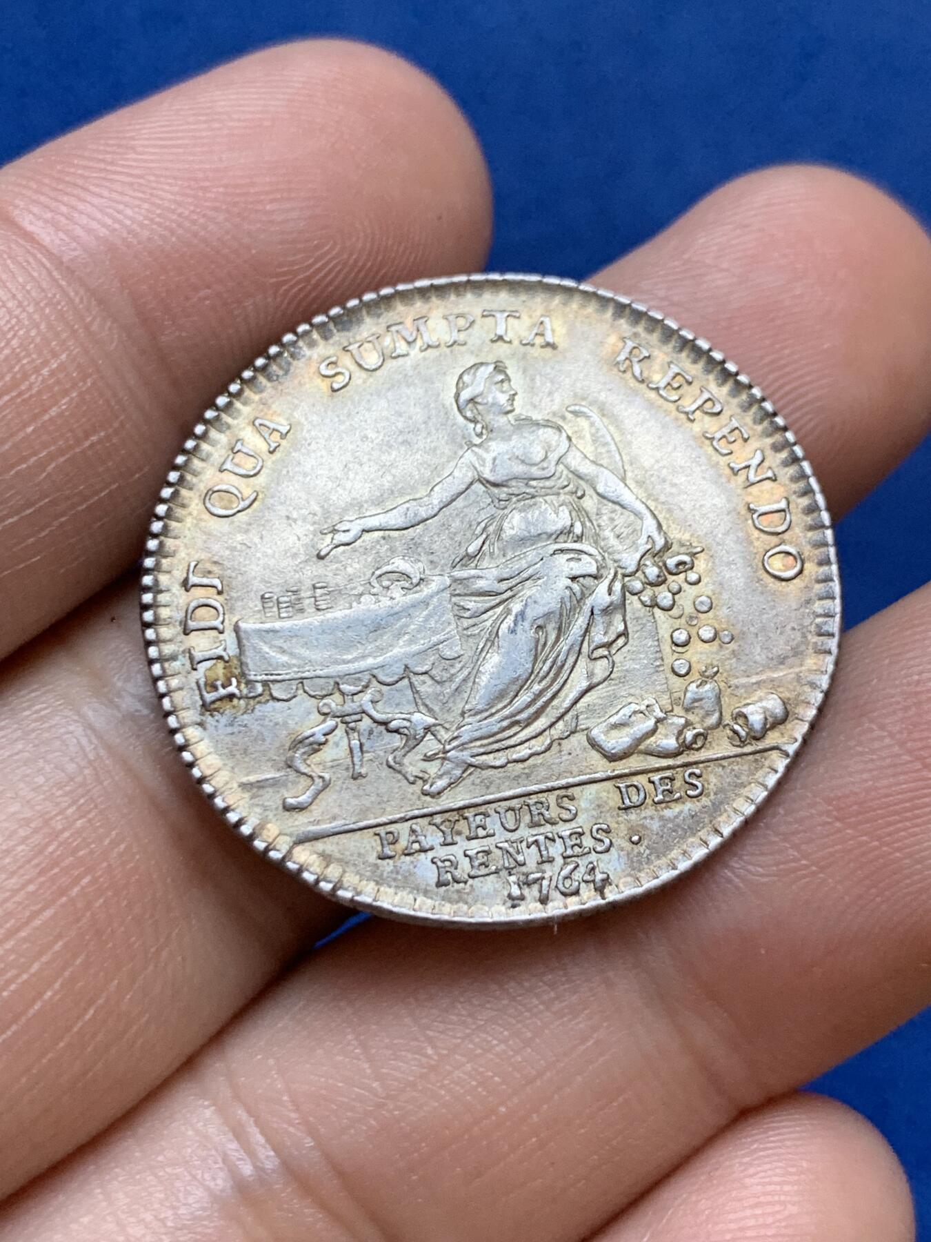 《竞宝斋》第286场-周六， 周日，周一 3场连拍 （全场包邮） 法国1764路易十五年金支付银质代币 9.66g 31mm