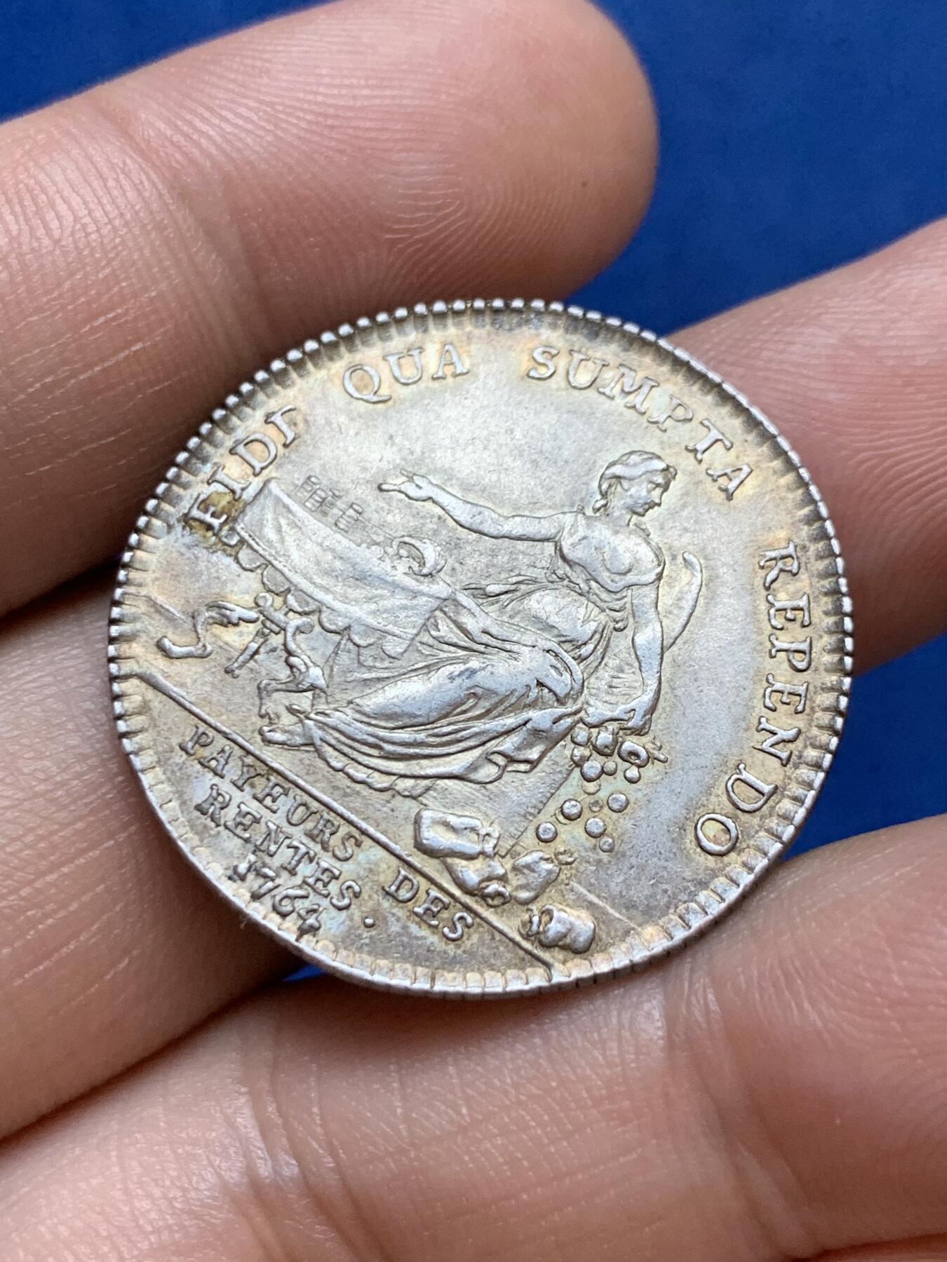 《竞宝斋》第286场-周六， 周日，周一 3场连拍 （全场包邮） 法国1764路易十五年金支付银质代币 9.66g 31mm