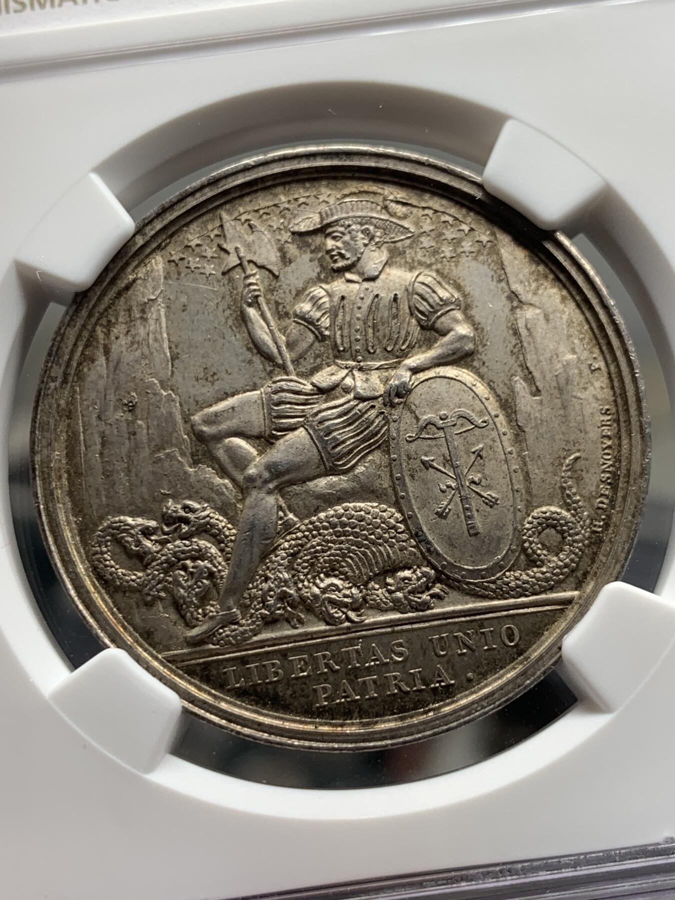 《竞宝斋》第286场-周六， 周日，周一 3场连拍 （全场包邮） NGC MS63 瑞士1821巴黎慈善协会银章