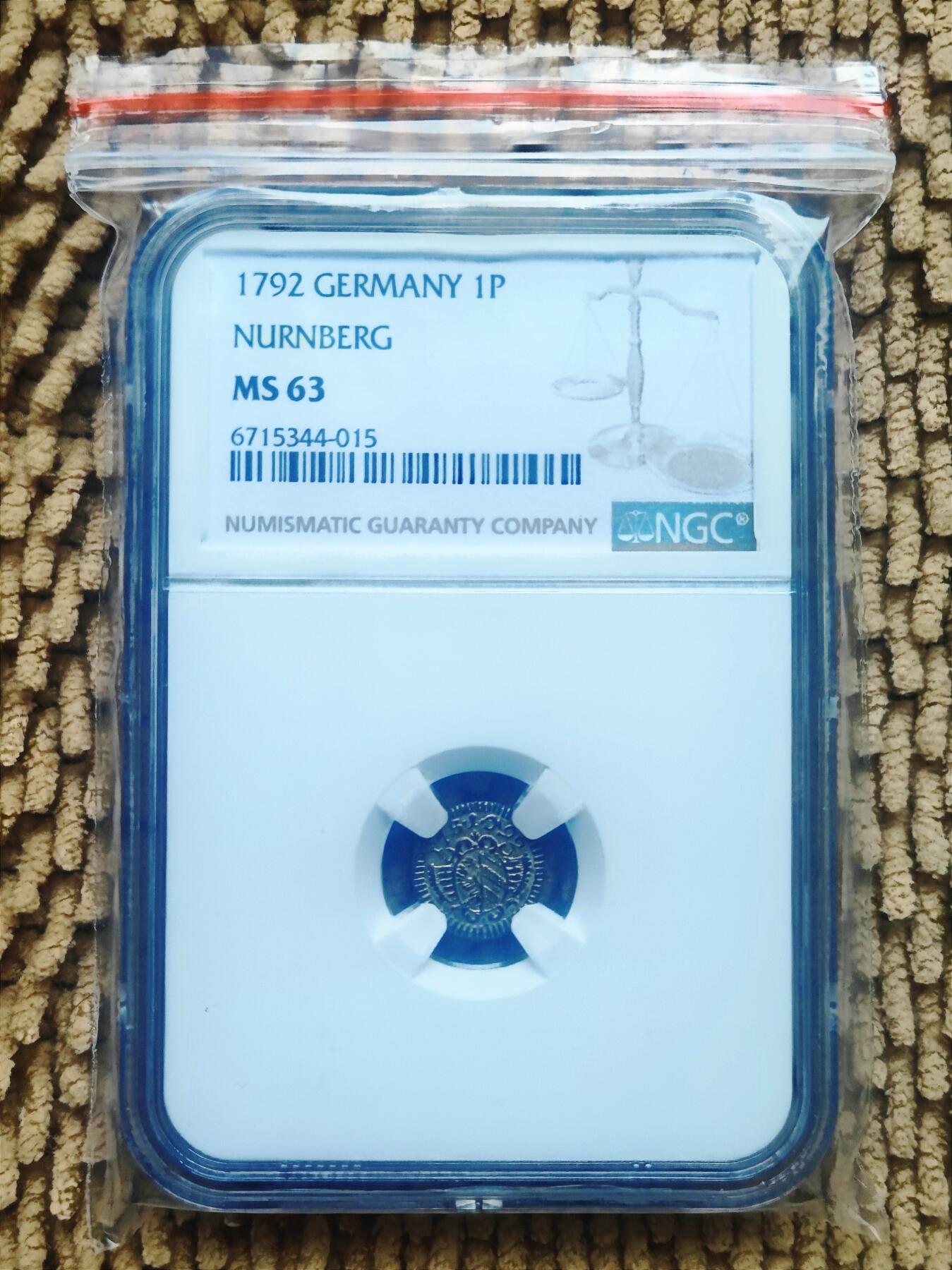 07月07日 世界币章 百年老精稀 NGC MS63 德国纽伦堡 1792年盾徽1芬尼 单面小银币 珍见高品相