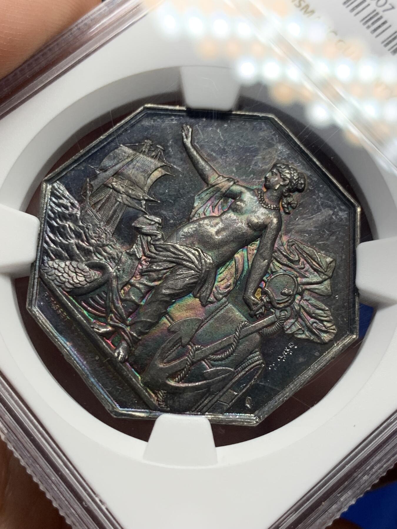 《竞宝斋》第286场-周六， 周日，周一 3场连拍 （全场包邮） NGC MS61 法国1869先见之明保险公司银质八角代币