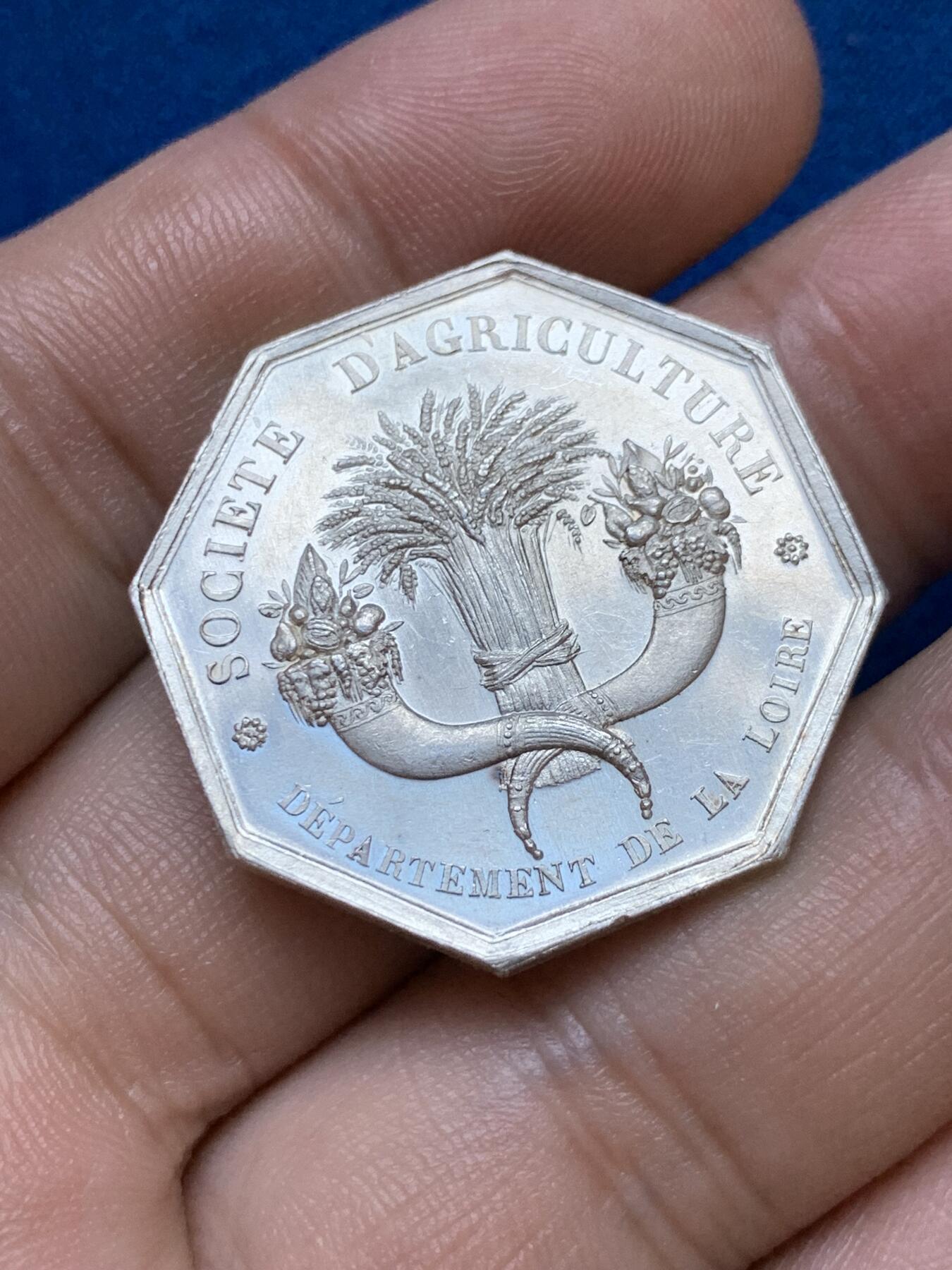 《竞宝斋》第286场-周六， 周日，周一 3场连拍 （全场包邮） 法国1828卢瓦尔农业协会八角银代币 蜜蜂边铭 30mm 10g