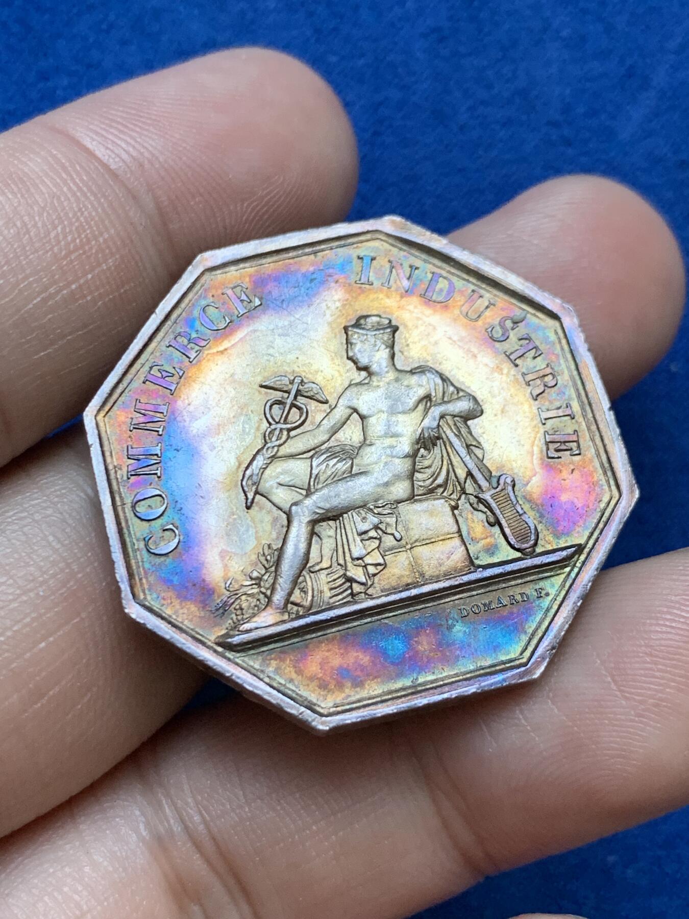 《竞宝斋》第286场-周六， 周日，周一 3场连拍 （全场包邮） 法国波尔多商业公司八角银质代币 商业之神墨丘利 蜜蜂边铭 34mm 19.9g