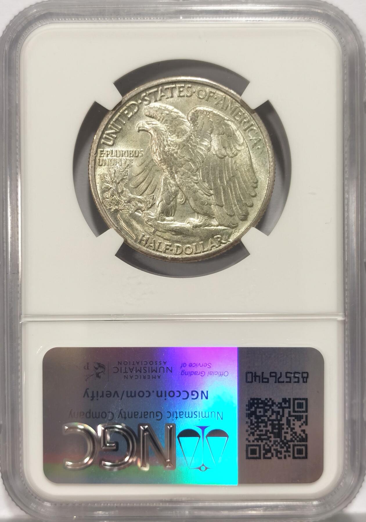 博洋堂世界钱币拍卖第084期（全场包邮） NGC MS65 美国1941年行走女神半圆银币，两面丝滑。美国币经典设计深受世界人民喜爱，设计来自Adolph A. Weinman,无论是后期的投资银币或是2016复刻的金币，都足见其人气。