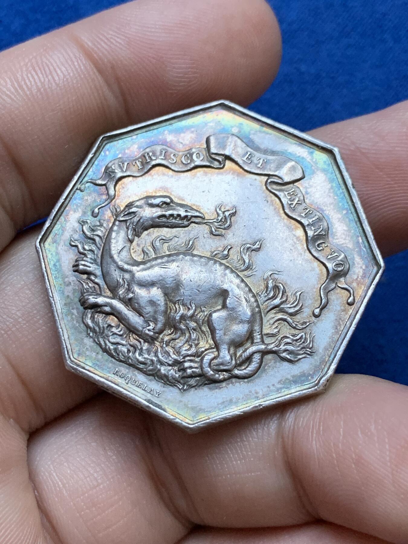 《竞宝斋》第286场-周六， 周日，周一 3场连拍 （全场包邮） 法国1845-1860火灾保险银章  直径37mm 26.1g 边铭手指 ARGENT 