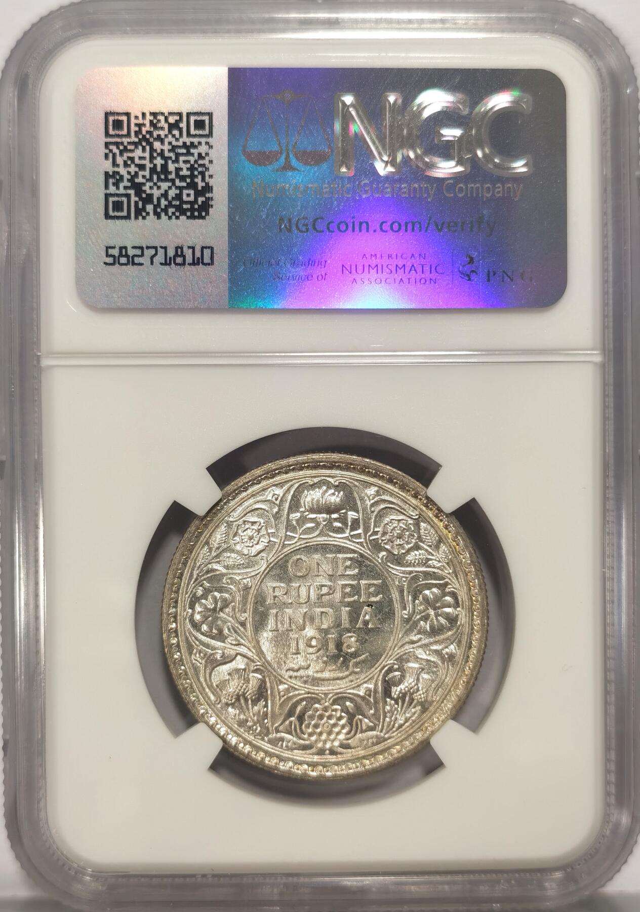 博洋堂世界钱币拍卖第084期（全场包邮） NGC MS64 英属印度1918年乔治五世1卢比银币。正面有暖调包浆，过渡自然且光泽兼具，64分是卢比的一个门槛，不想花几千去买65分的话64就刚好。