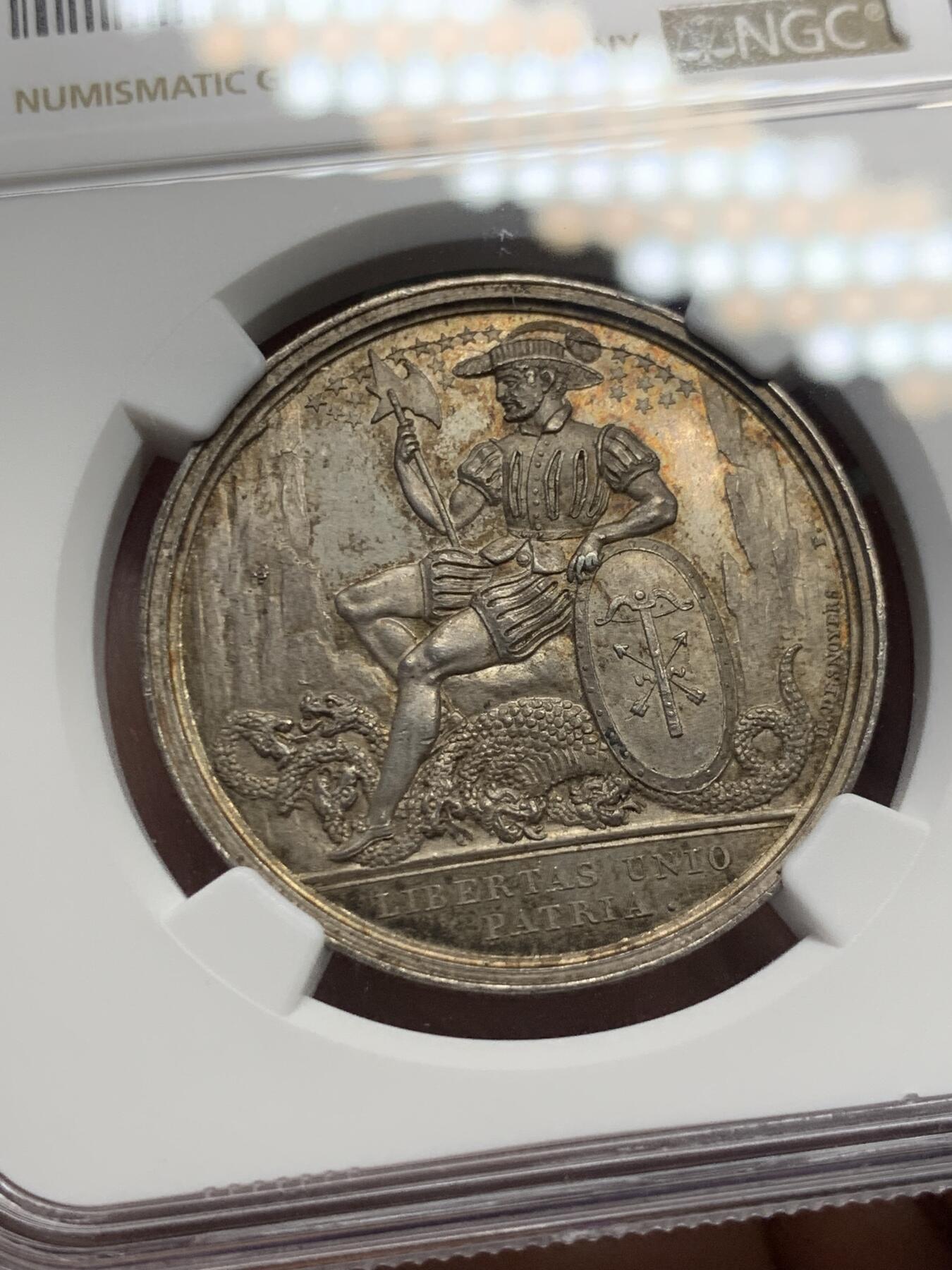 《竞宝斋》第286场-周六， 周日，周一 3场连拍 （全场包邮） NGC MS63 瑞士1821巴黎慈善协会银章