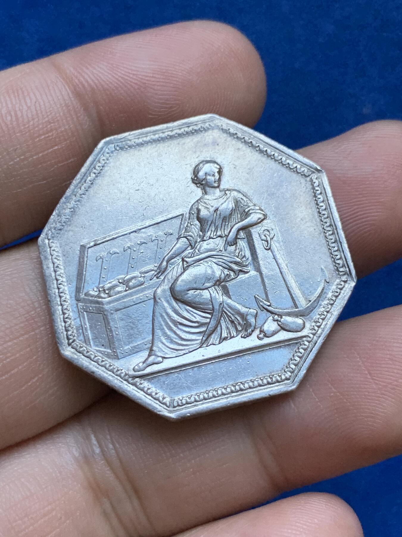 《竞宝斋》第286场-周六， 周日，周一 3场连拍 （全场包邮） 19世纪 法国储蓄银行八角代用币银章 早期无边铭 直径约34mm 重约15g