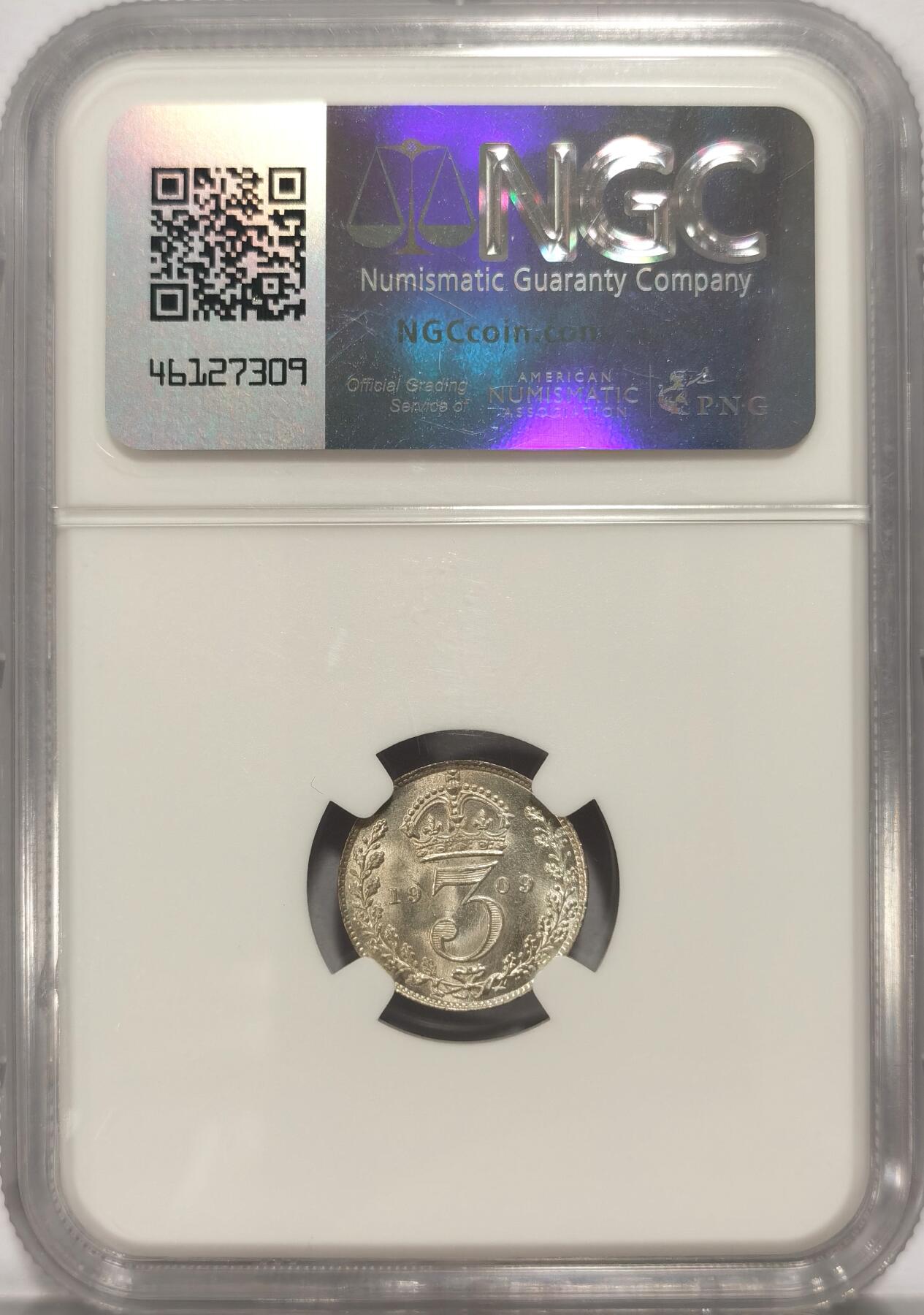 博洋堂世界钱币拍卖第084期（全场包邮） NGC MS64 英国1909年爱德华七世3便士银币。铸造于皇家造币厂，相对于濯足币，流通币难以保存的如此完好。参考价是常见1902的两倍，评级数量仅其1/5。且pc评为64分的两枚状态都差强人意，可见此枚发丝清晰的难度。