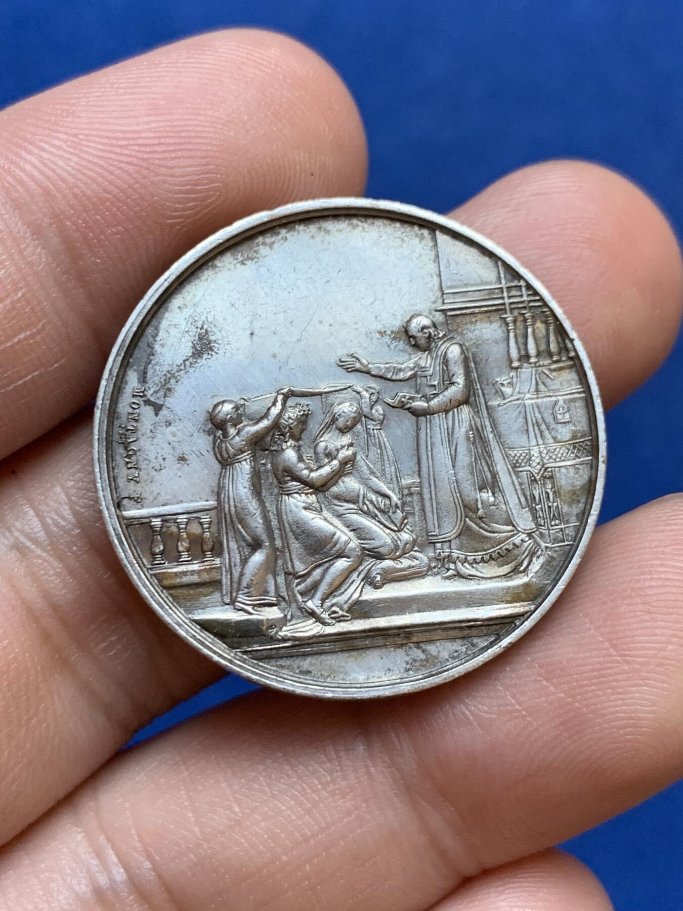 《竞宝斋》第286场-周六， 周日，周一 3场连拍 （全场包邮） 法国基督教婚礼圆型银代币 蜜蜂边铭 30mm 11.9g