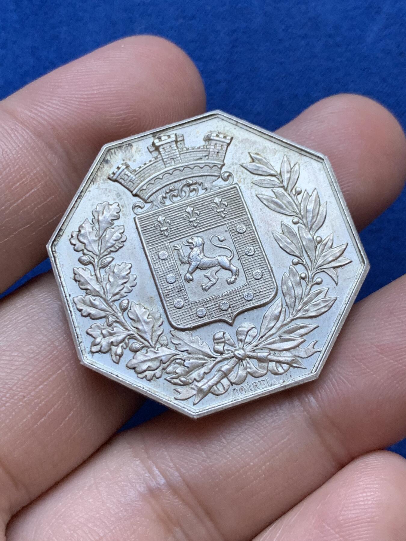 《竞宝斋》第286场-周六， 周日，周一 3场连拍 （全场包邮） 法国1838火灾保险八角银代币 丰饶角1ARGENT边铭 34mm 20.7g