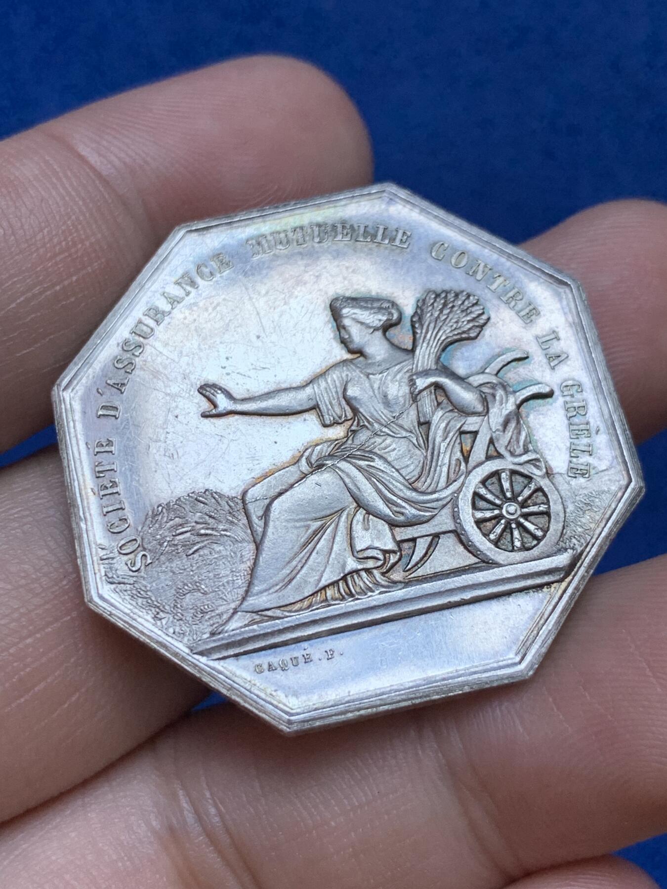 《竞宝斋》第286场-周六， 周日，周一 3场连拍 （全场包邮） 法国1854农业八角银代币 丰饶角1ARGENT边铭 36mm 22g