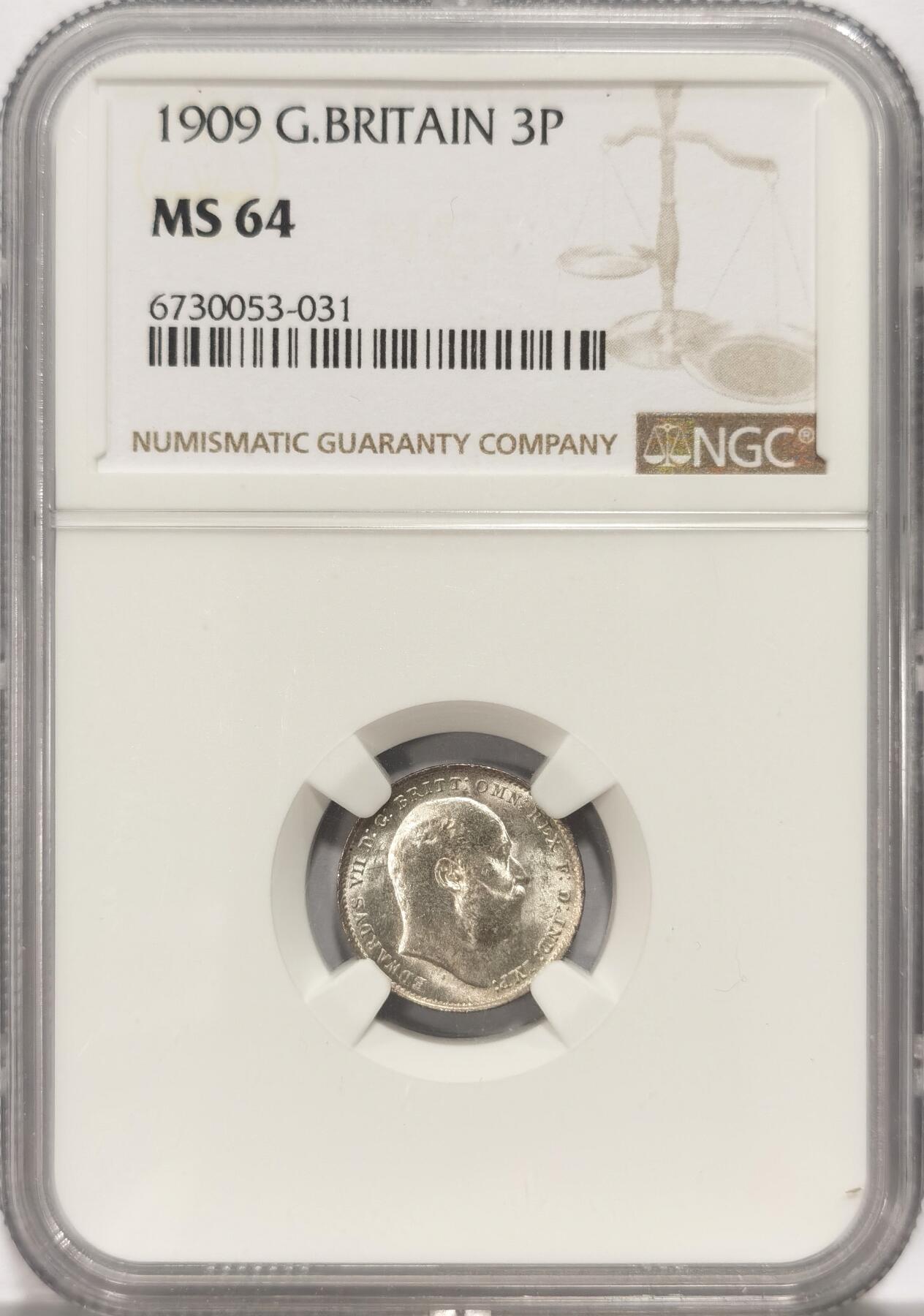博洋堂世界钱币拍卖第084期（全场包邮） NGC MS64 英国1909年爱德华七世3便士银币。铸造于皇家造币厂，相对于濯足币，流通币难以保存的如此完好。参考价是常见1902的两倍，评级数量仅其1/5。且pc评为64分的两枚状态都差强人意，可见此枚发丝清晰的难度。