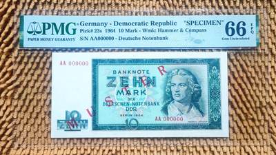 07月05日 世界币章 - 老精珍 德国 1964年 10马克 AA000000号样票 PMG 66EPQ 珍见最高品相