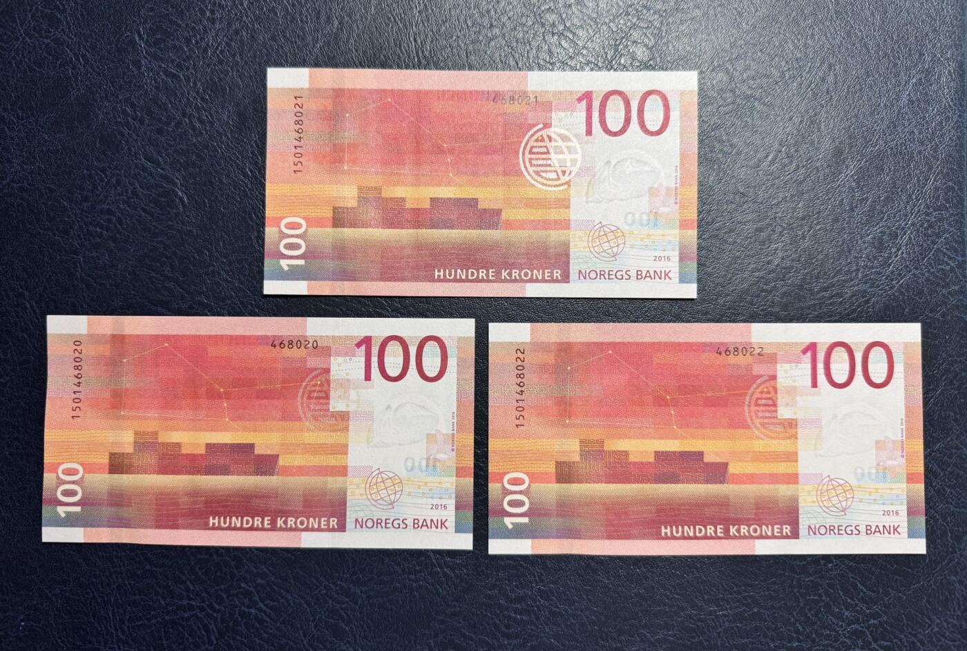 收藏联盟Quantum Auction 第359期拍卖  挪威2016年100克朗三张 品相全新UNC 维京战船
