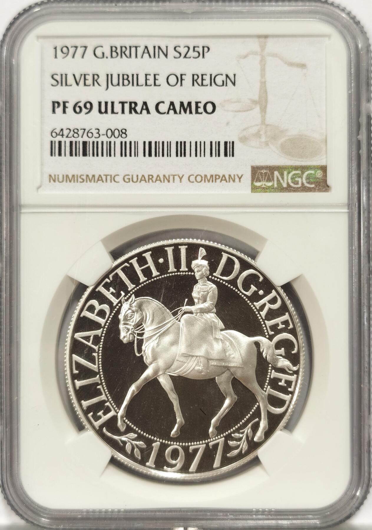 博洋堂世界钱币拍卖第084期（全场包邮） 英国1977年女王登基25周年25便士精制纪念银币NGC-PF69UC，PROOF精制币，顶级高分，获得更高评分数量14枚