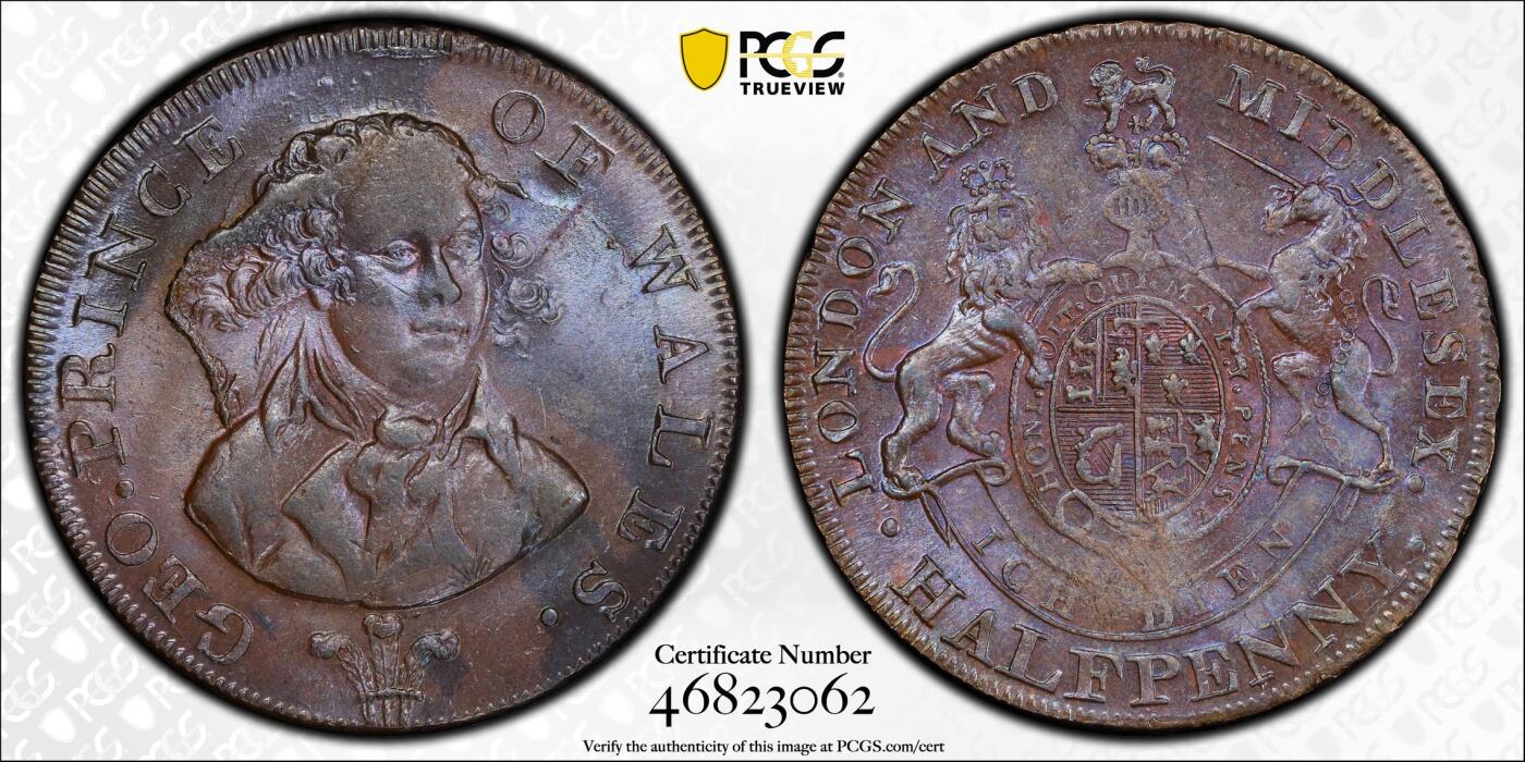 博洋堂“夏光旖旎”7月精品专场暨第085期（全场包邮） PCGS MS63BN 英国1790s 还是威尔士亲王的乔治四世头像Middlesex 1/2便士，铜币两面泛出舒服的紫罗兰色，打制清晰，光泽丝滑，背面是代表威尔士亲王的盾徽，18世纪末token中极其少见的刻画储君的题材，非常漂亮。