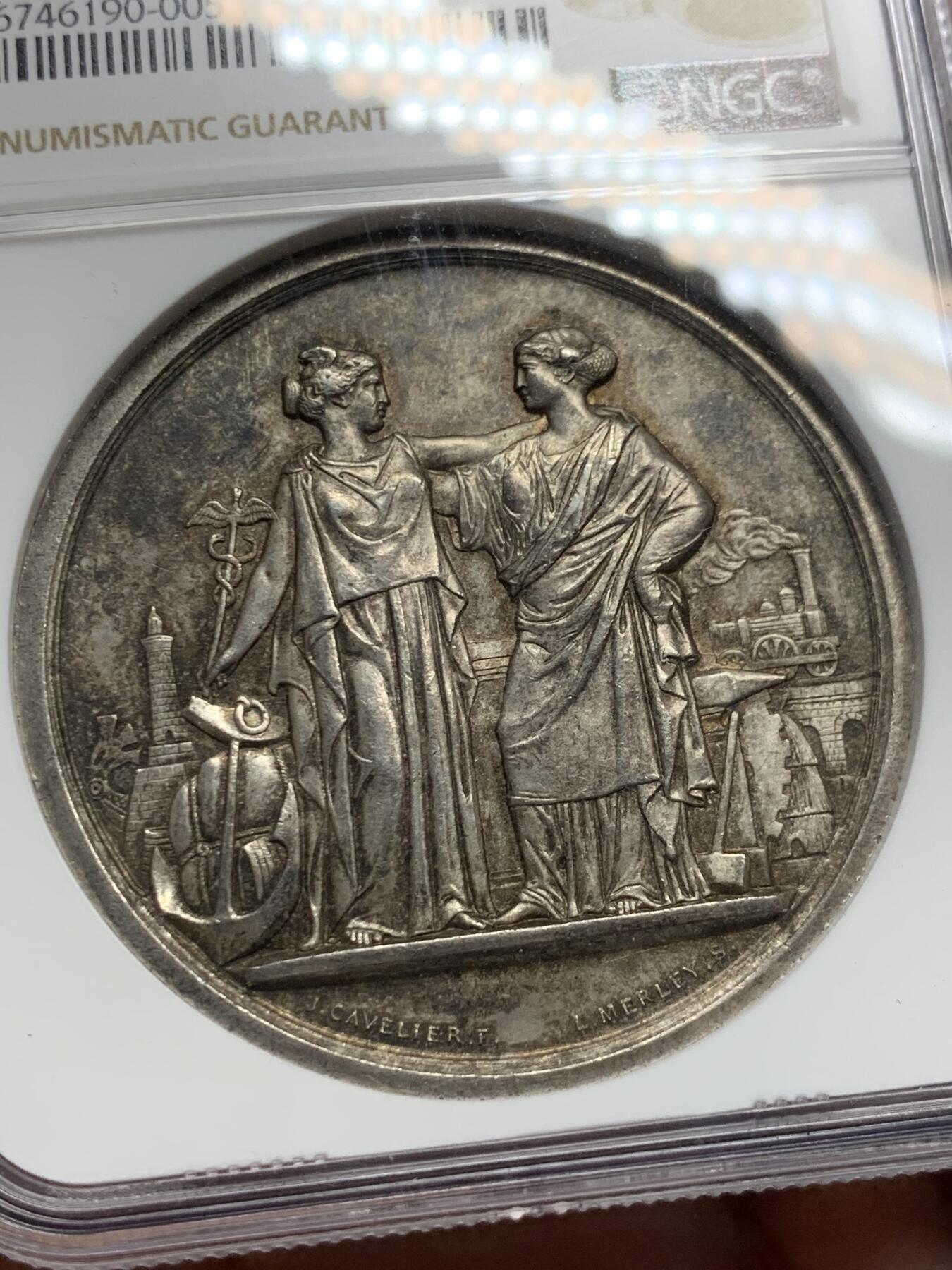 《竞宝斋》第286场-周六， 周日，周一 3场连拍 （全场包邮） NGC MS63 法国1850巴黎国家银行银章 加厚盒装