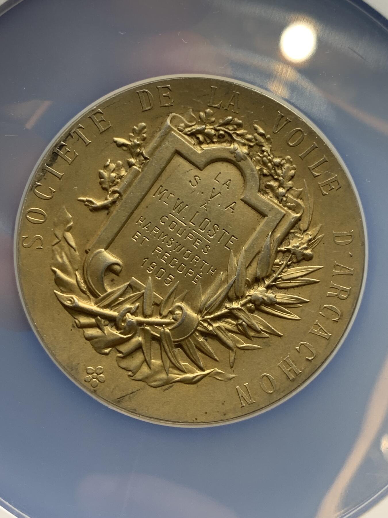 《竞宝斋》第286场-周六， 周日，周一 3场连拍 （全场包邮） NGC MS62 法国1905航海协会银章 大盒封装 细节丰富