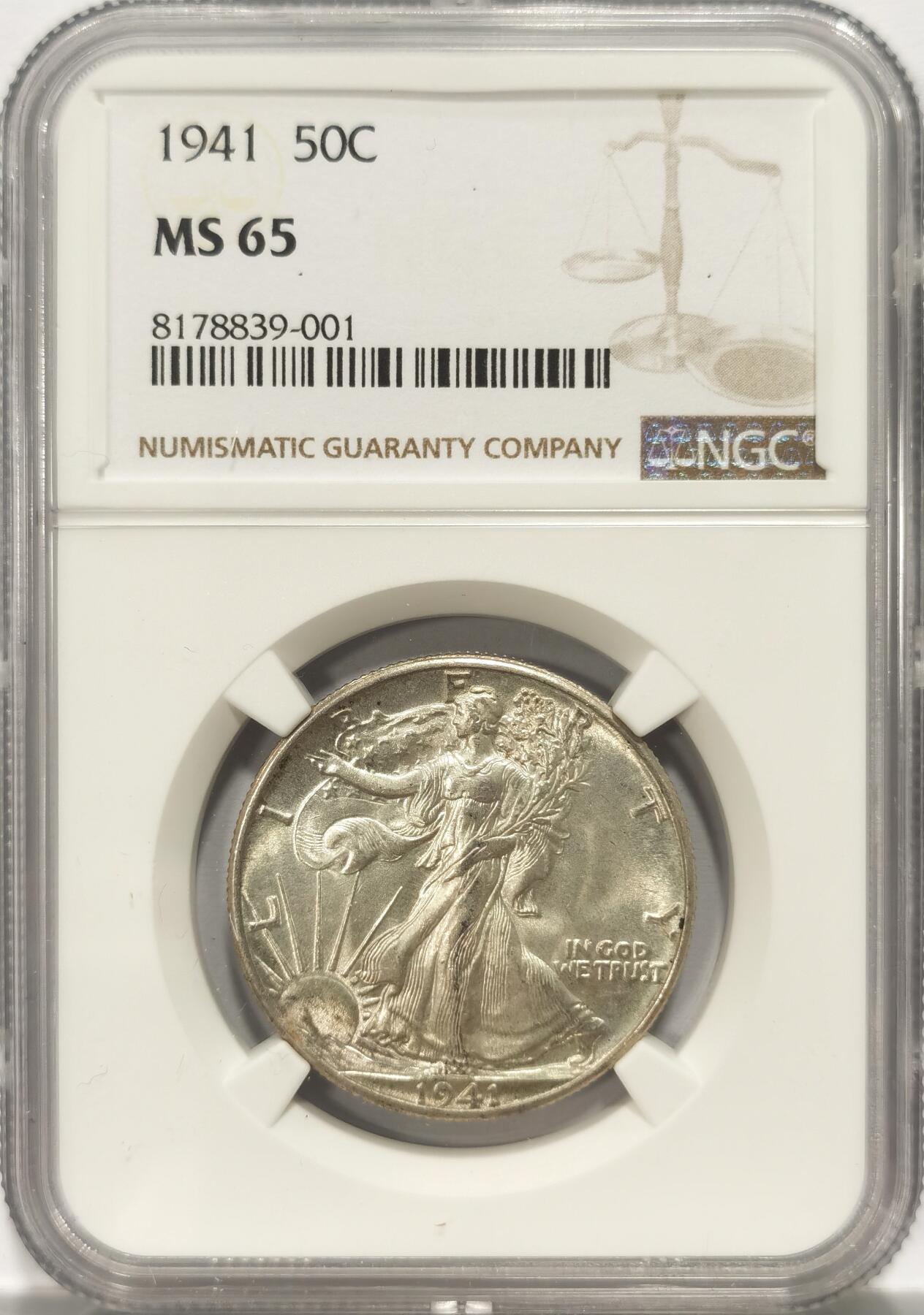 博洋堂世界钱币拍卖第084期（全场包邮） NGC MS65 美国1941年行走女神半圆银币，两面丝滑。美国币经典设计深受世界人民喜爱，设计来自Adolph A. Weinman,无论是后期的投资银币或是2016复刻的金币，都足见其人气。