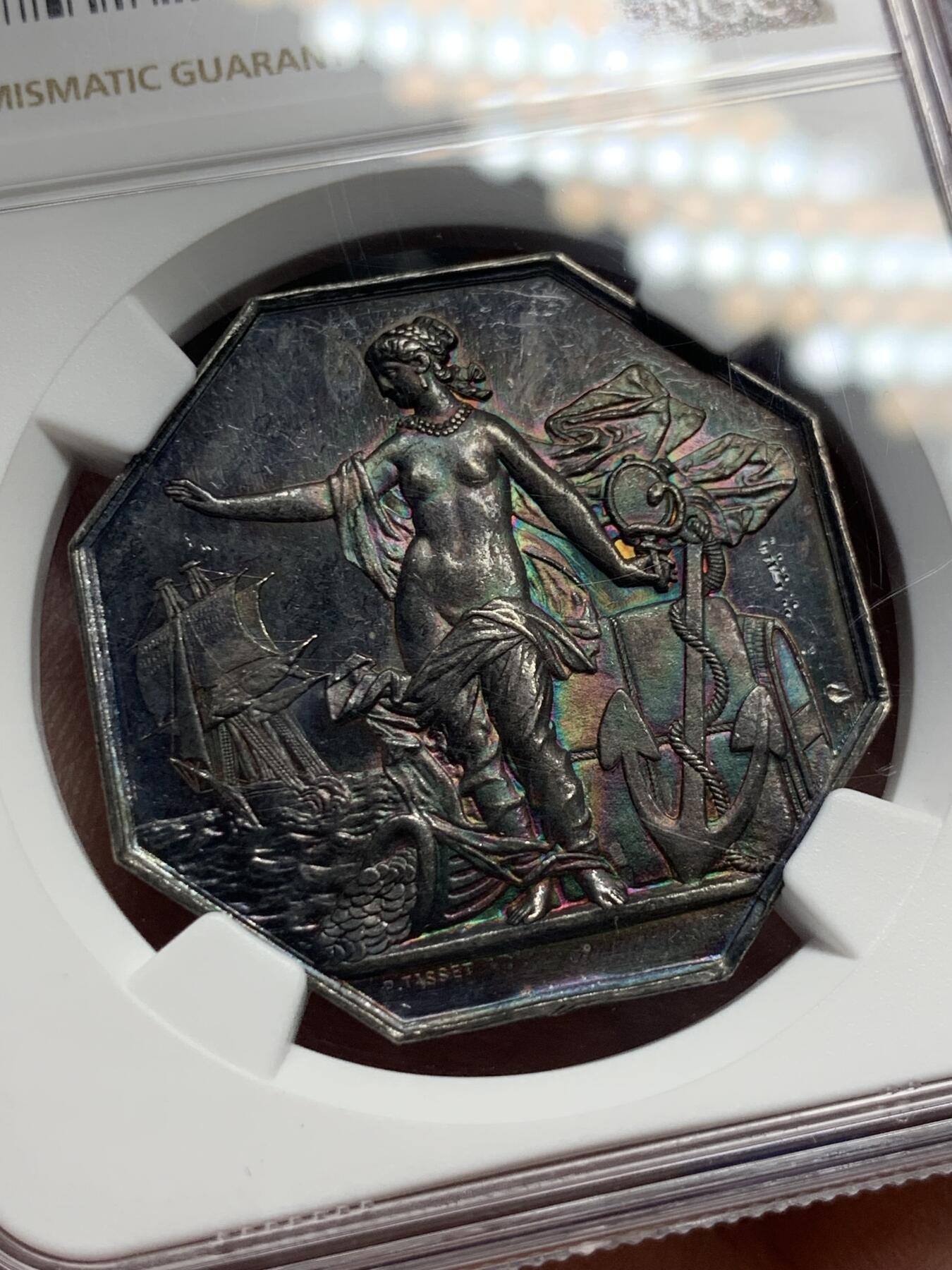 《竞宝斋》第286场-周六， 周日，周一 3场连拍 （全场包邮） NGC MS61 法国1869先见之明保险公司银质八角代币