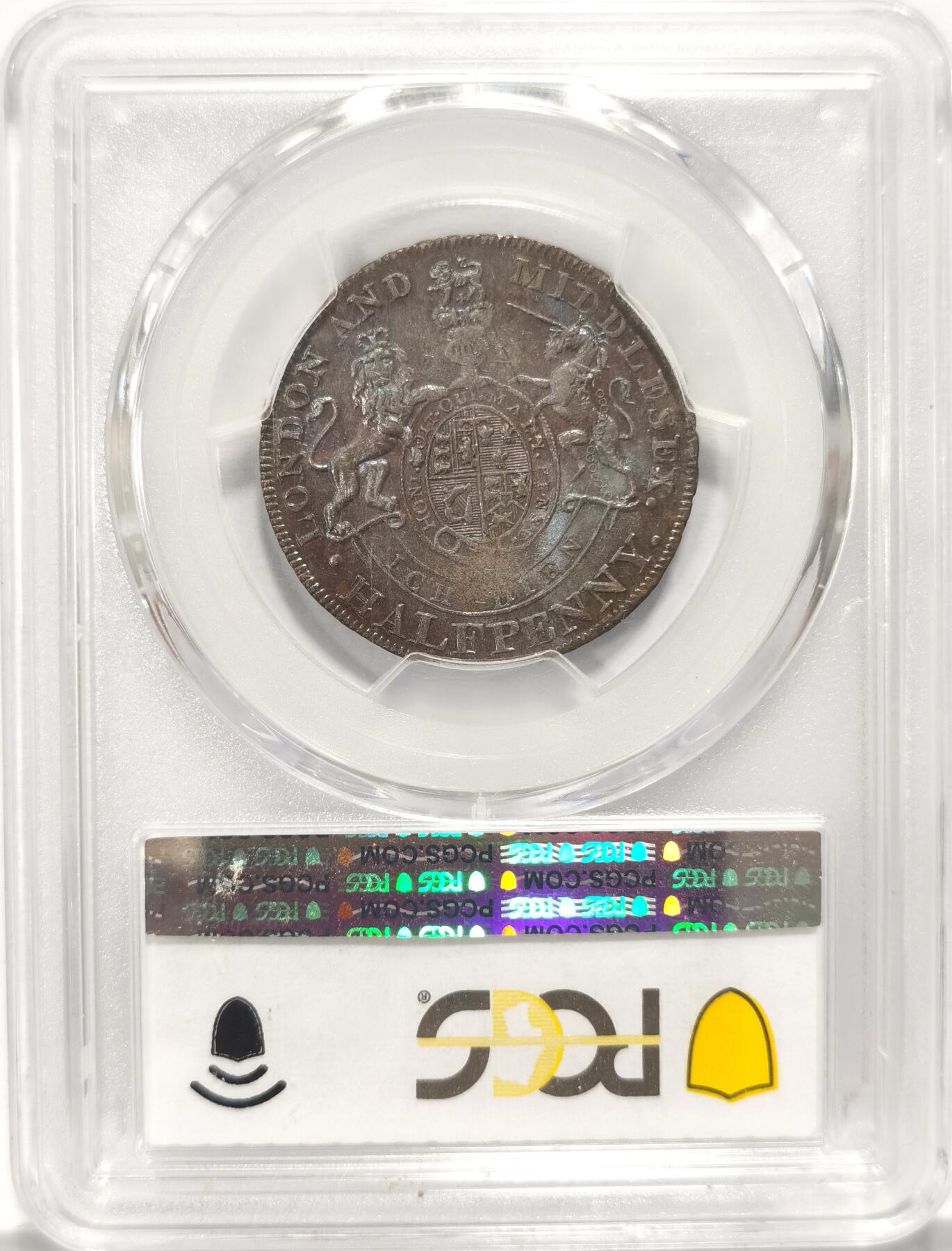 博洋堂“夏光旖旎”7月精品专场暨第085期（全场包邮） PCGS MS63BN 英国1790s 还是威尔士亲王的乔治四世头像Middlesex 1/2便士，铜币两面泛出舒服的紫罗兰色，打制清晰，光泽丝滑，背面是代表威尔士亲王的盾徽，18世纪末token中极其少见的刻画储君的题材，非常漂亮。