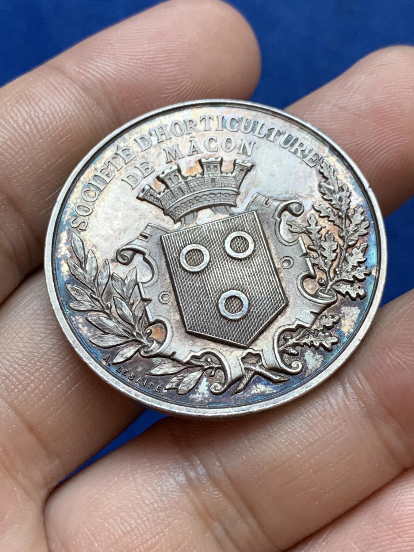 《竞宝斋》第286场-周六， 周日，周一 3场连拍 （全场包邮） 法国马孔园艺协会圆型银代币 丰饶角边铭 36mm 20.1g