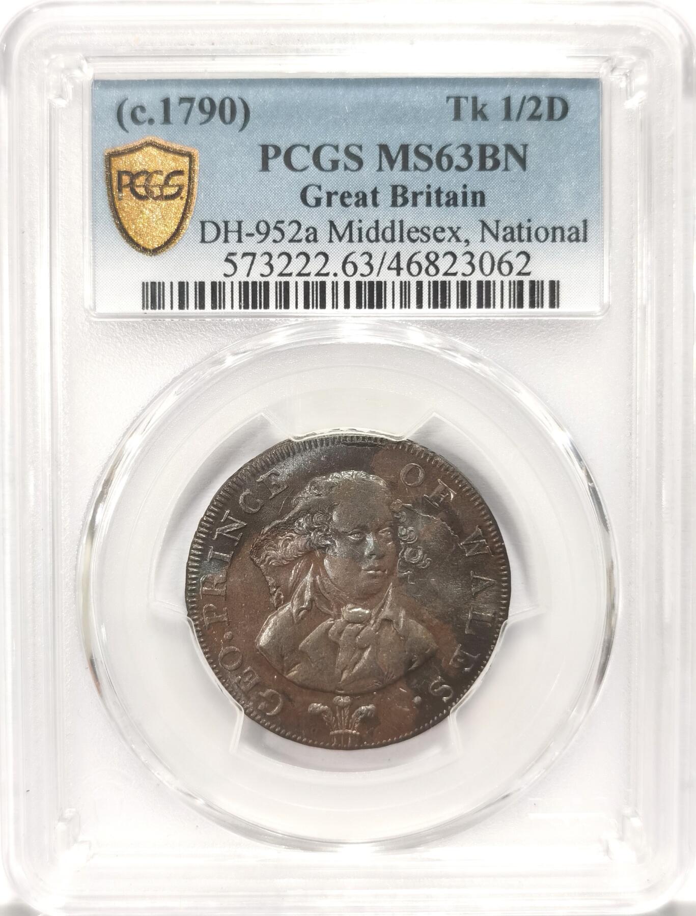 博洋堂“夏光旖旎”7月精品专场暨第085期（全场包邮） PCGS MS63BN 英国1790s 还是威尔士亲王的乔治四世头像Middlesex 1/2便士，铜币两面泛出舒服的紫罗兰色，打制清晰，光泽丝滑，背面是代表威尔士亲王的盾徽，18世纪末token中极其少见的刻画储君的题材，非常漂亮。