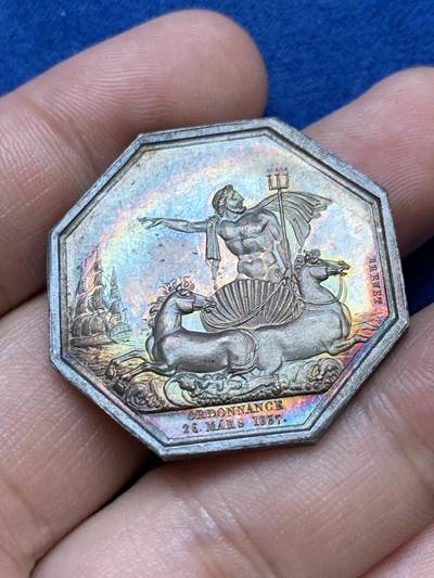 《竞宝斋》第286场-周六， 周日，周一 3场连拍 （全场包邮） - 法国名誉品三叉海神八角银质代币 海洋保险公司 手持三叉戟的霸气波塞冬与他的坐骑 丰饶角边铭 33.8mm 16.9g