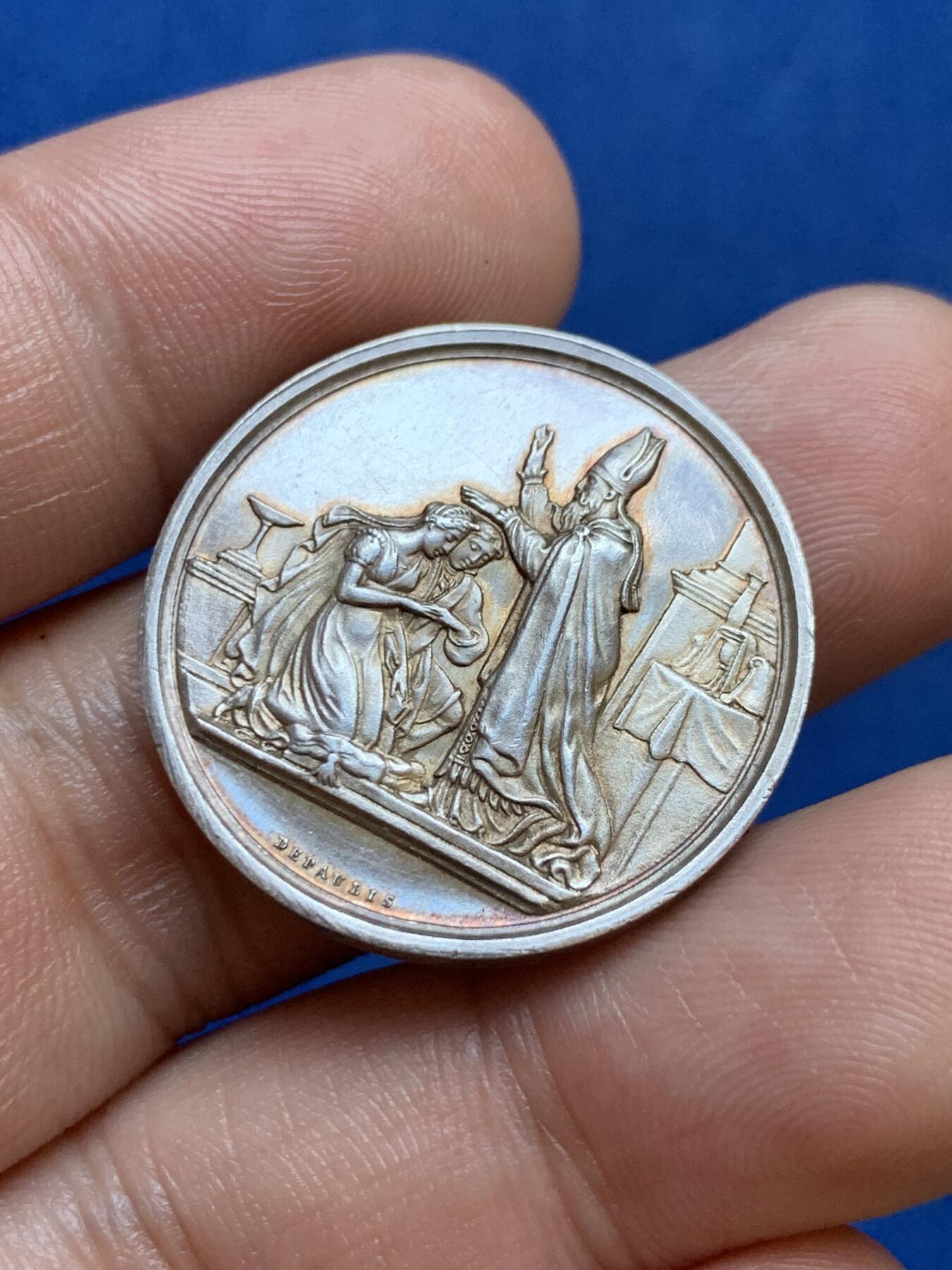 《竞宝斋》第286场-周六， 周日，周一 3场连拍 （全场包邮） 法国1854基督教婚礼圆型银代币 27mm 9.5g 手指边铭