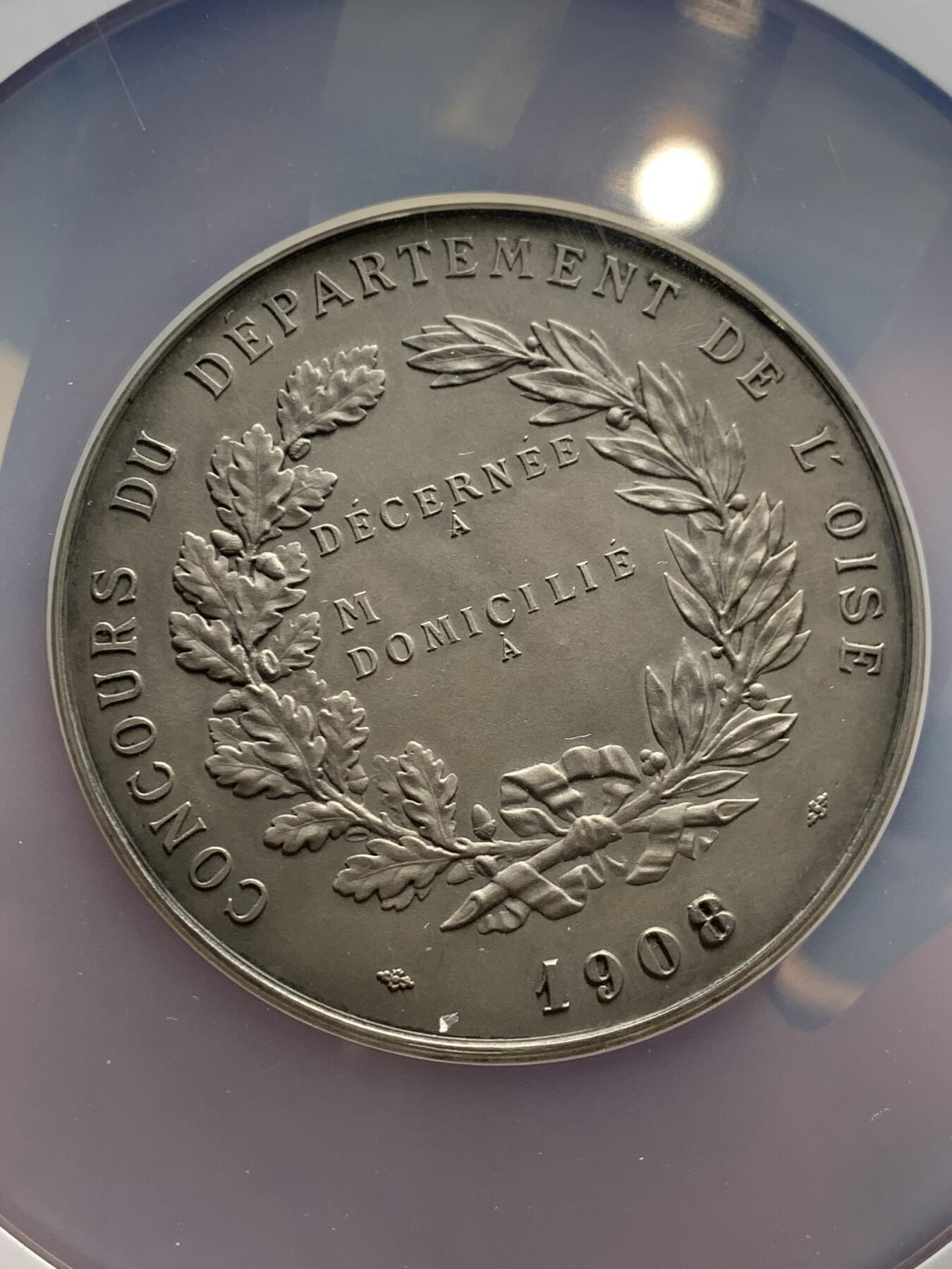 《竞宝斋》第286场-周六， 周日，周一 3场连拍 （全场包邮） NGC MS64 法国 1908 瓦兹省竞赛 大银章 大盒封装