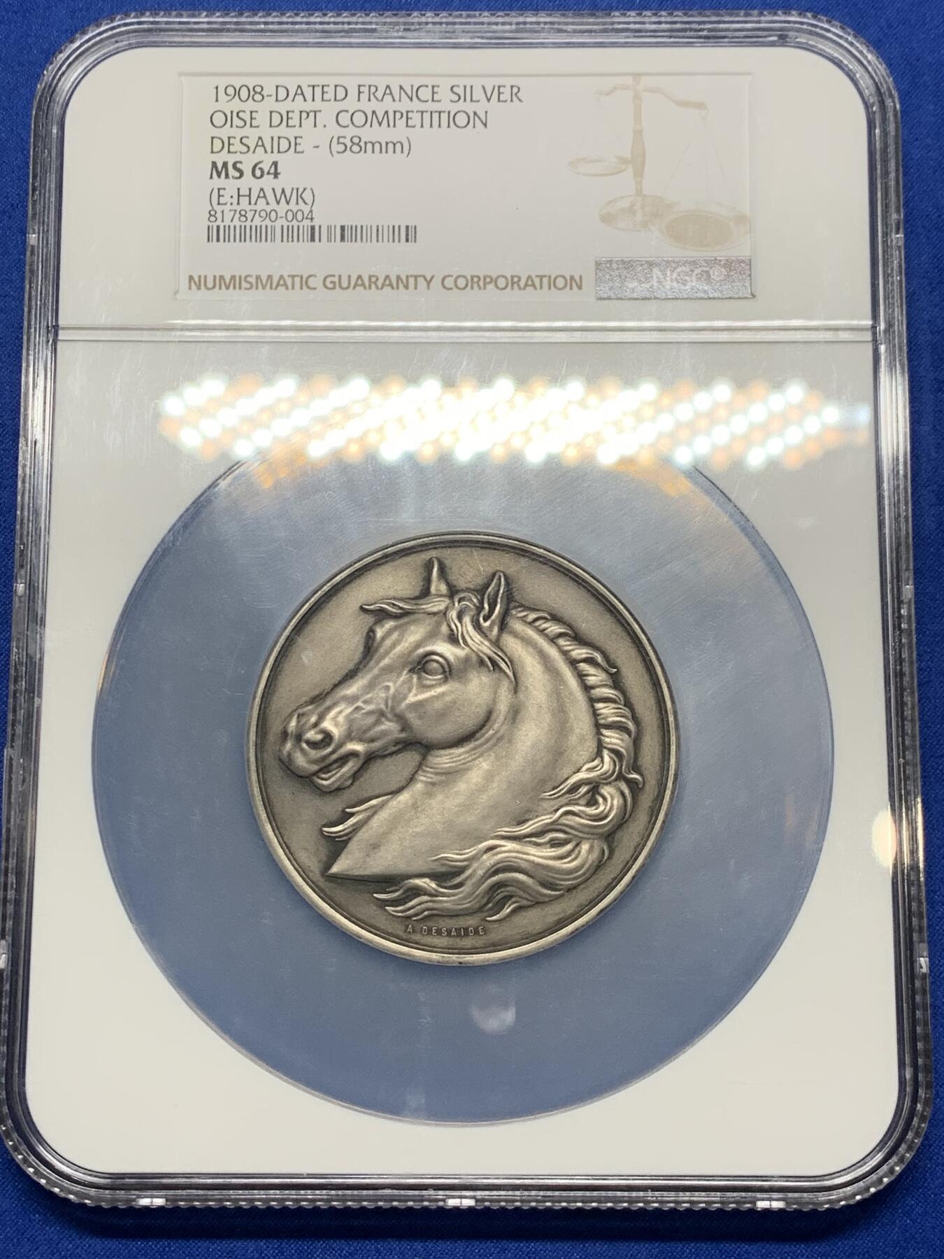 《竞宝斋》第286场-周六， 周日，周一 3场连拍 （全场包邮） NGC MS64 法国 1908 瓦兹省竞赛 大银章 大盒封装