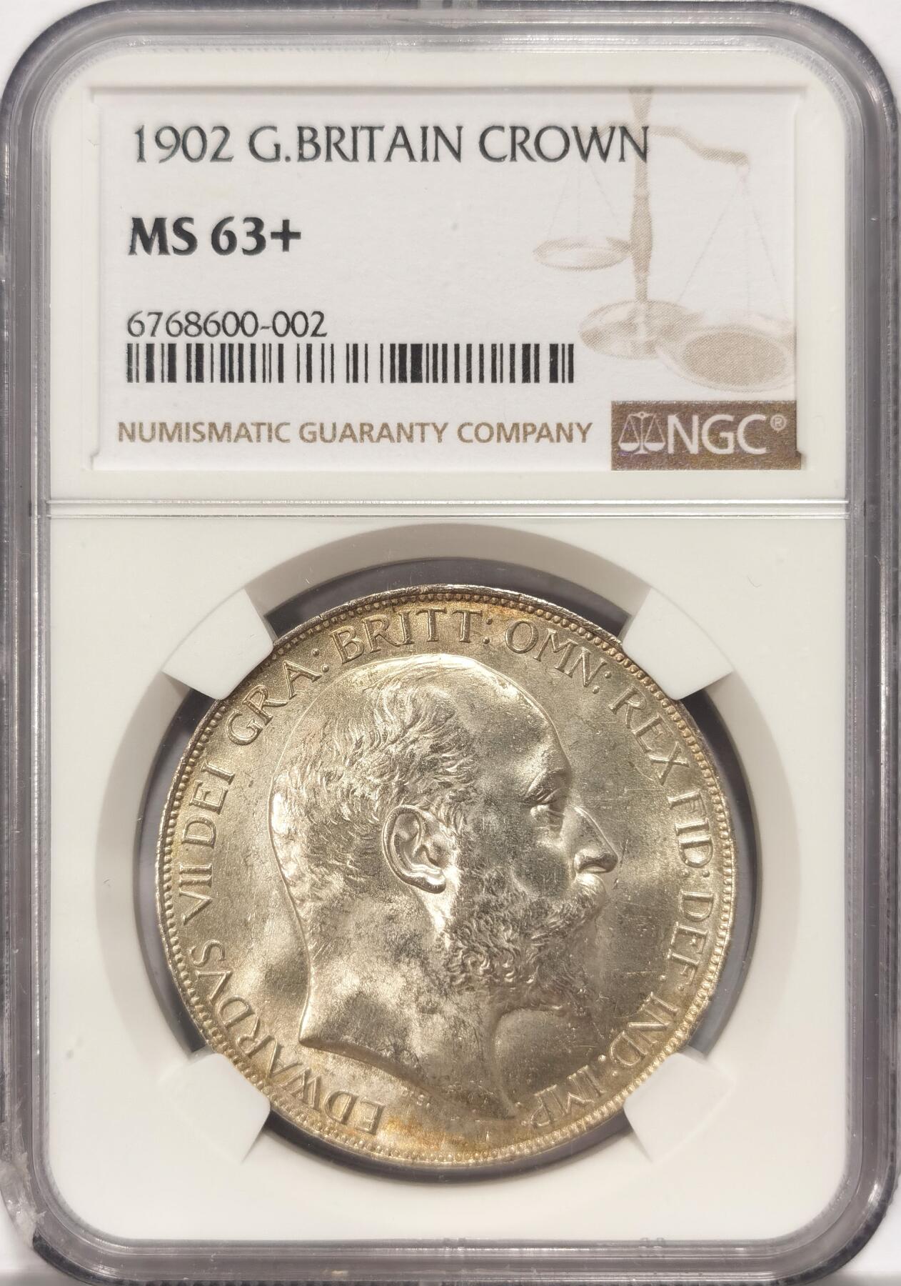 博洋堂“夏光旖旎”7月精品专场暨第085期（全场包邮） NGC MS63+ 英国1902年爱德华七世1克朗，深打全细节，对于普制来说非常难得，最具性价比的高银老马剑。盒子小伤，不少肉密封完好。