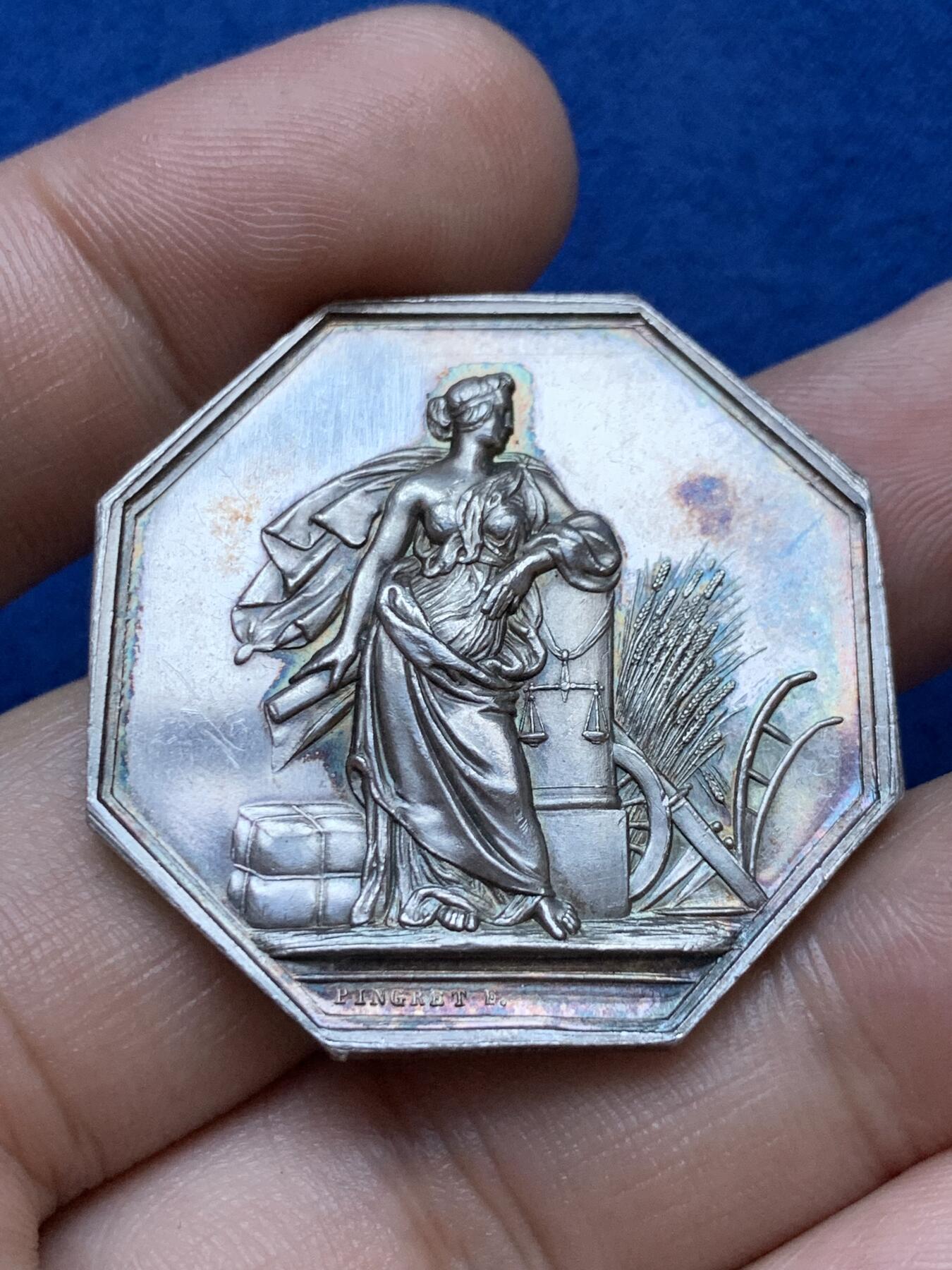 《竞宝斋》第286场-周六， 周日，周一 3场连拍 （全场包邮） 法国火灾保险公司JETON银质八角 21.9g 36.6mm 蜜蜂边铭