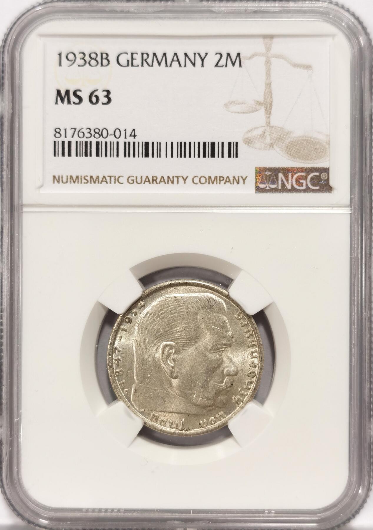 博洋堂世界钱币拍卖第084期（全场包邮） NGC MS63 德国1938B版兴登堡2马克银币，币面干净，BU品相