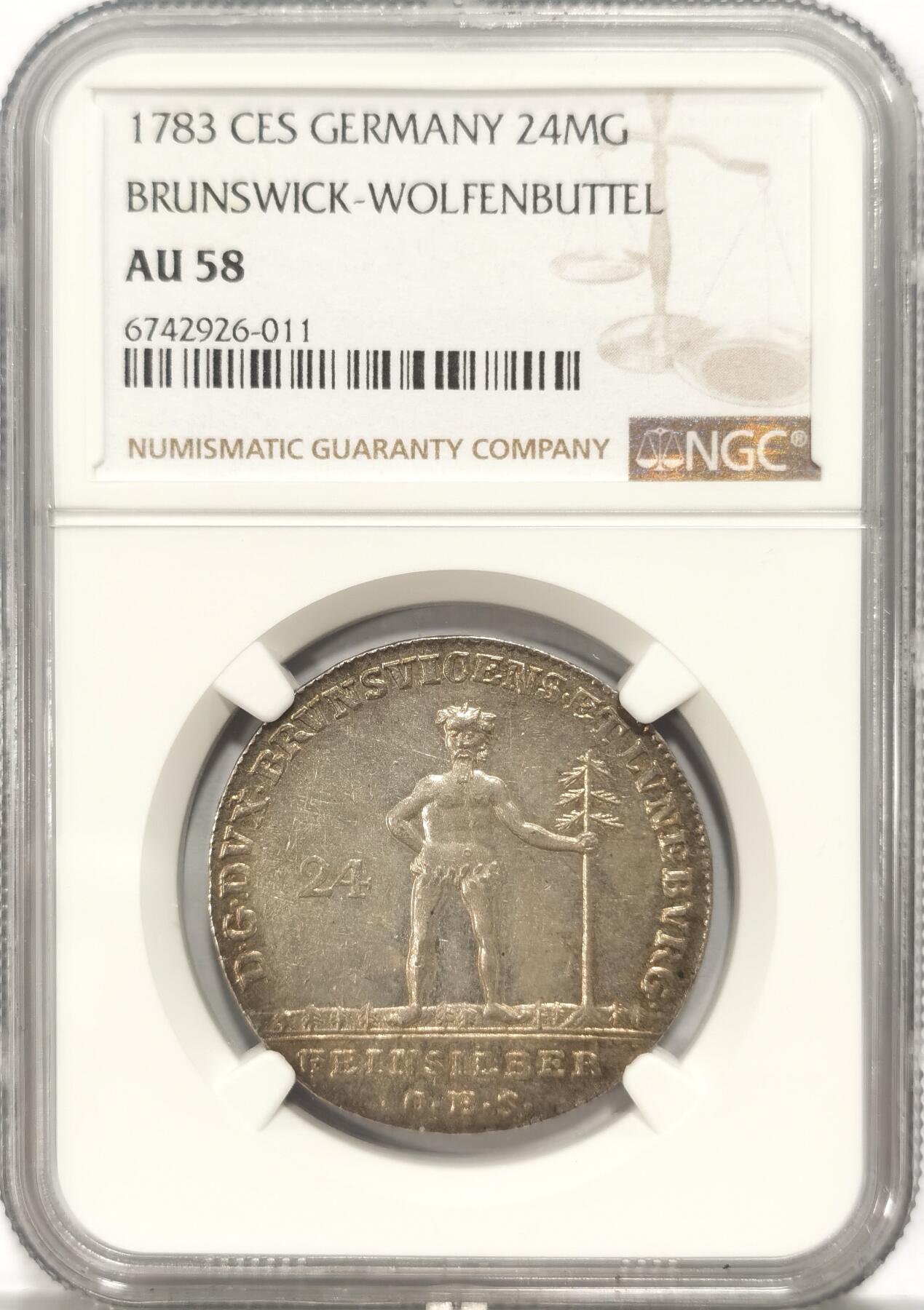 博洋堂世界钱币拍卖第084期（全场包邮） NGC AU58 神罗德国布伦瑞克-沃尔芬堡1783年野人24格鲁申银币 淡金包浆 低评