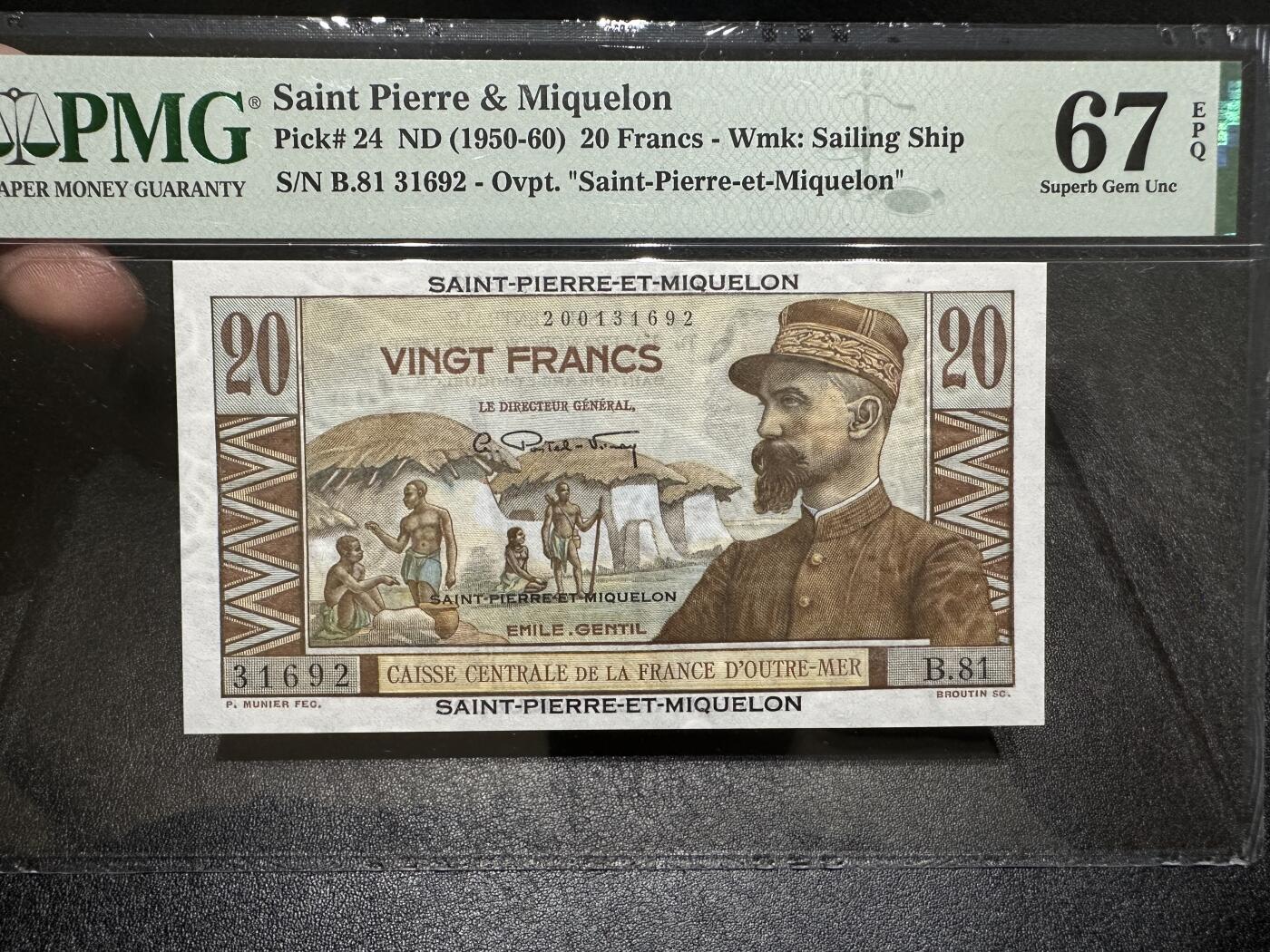 《外钞收藏家》第三百八十七期 1950-69年圣皮埃尔和密克隆 20法郎 PMG67 无47