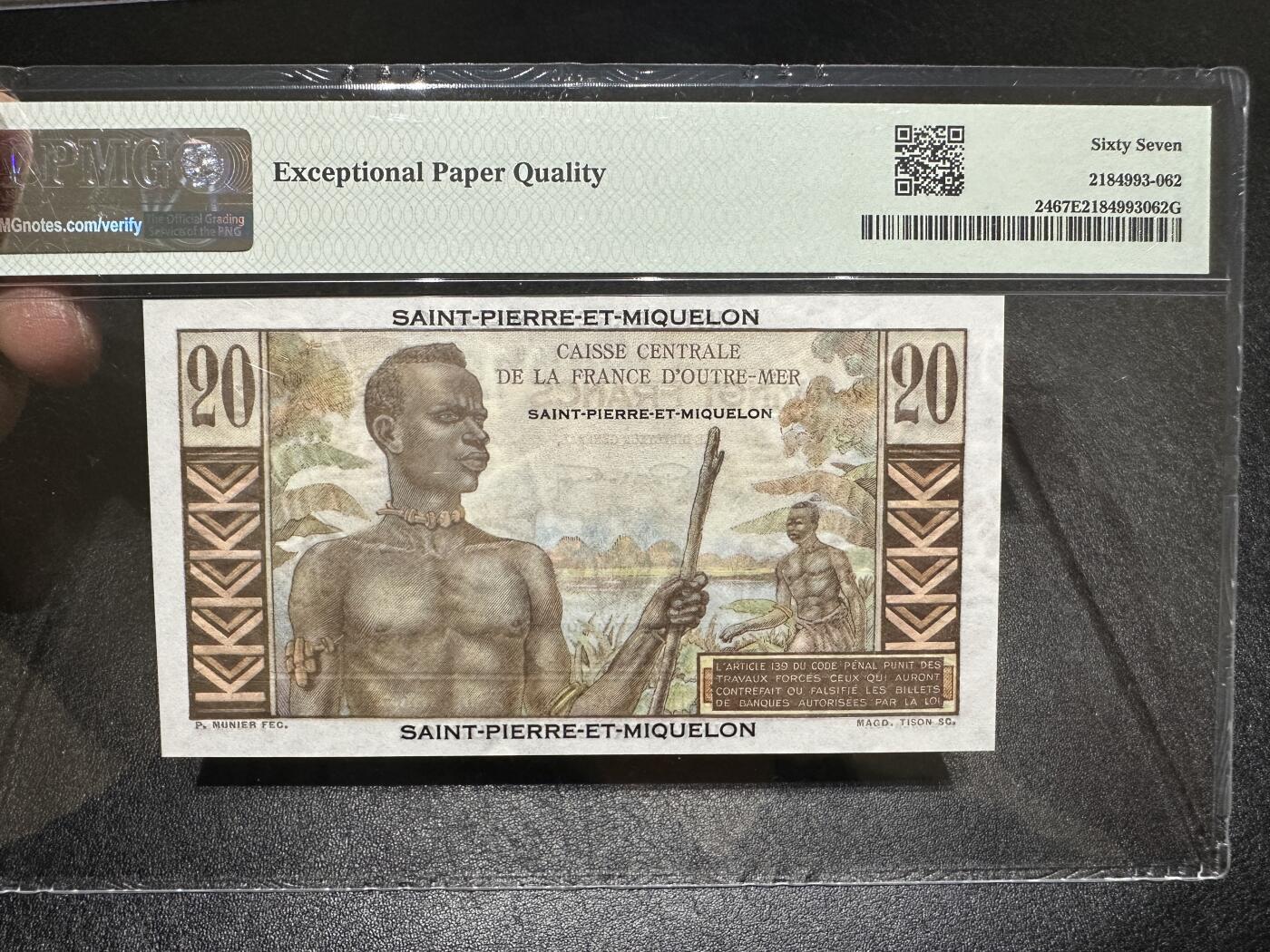 《外钞收藏家》第三百八十七期 1950-69年圣皮埃尔和密克隆 20法郎 PMG67 无47