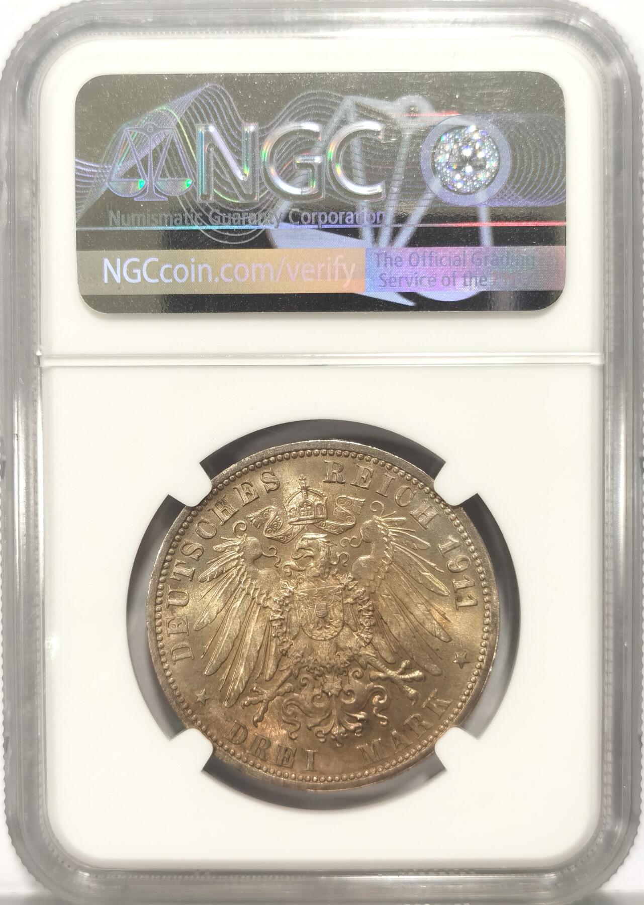博洋堂世界钱币拍卖第084期（全场包邮） NGC MS65 德国符腾堡1911年银婚3马克银币