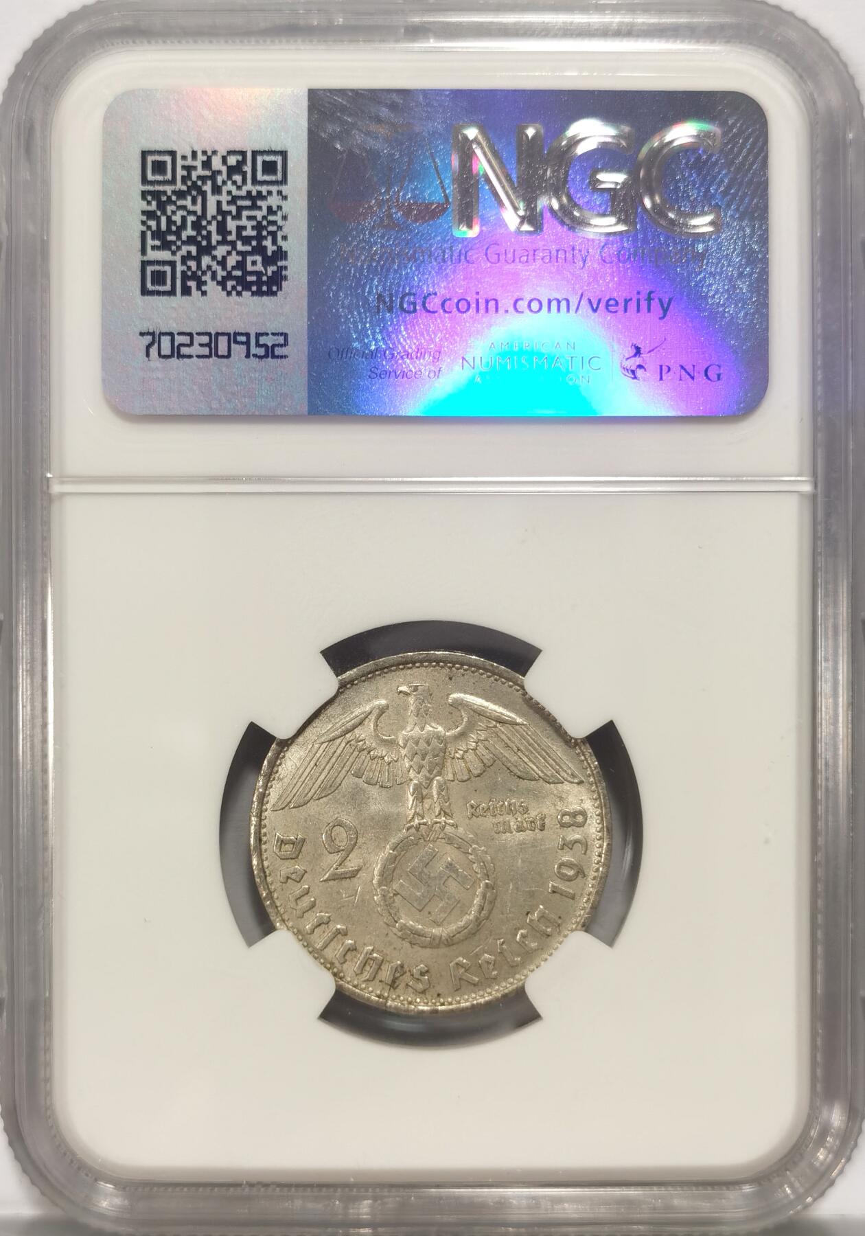 博洋堂世界钱币拍卖第084期（全场包邮） NGC MS61 德国1938B版兴登堡2马克银币，未流通好品相