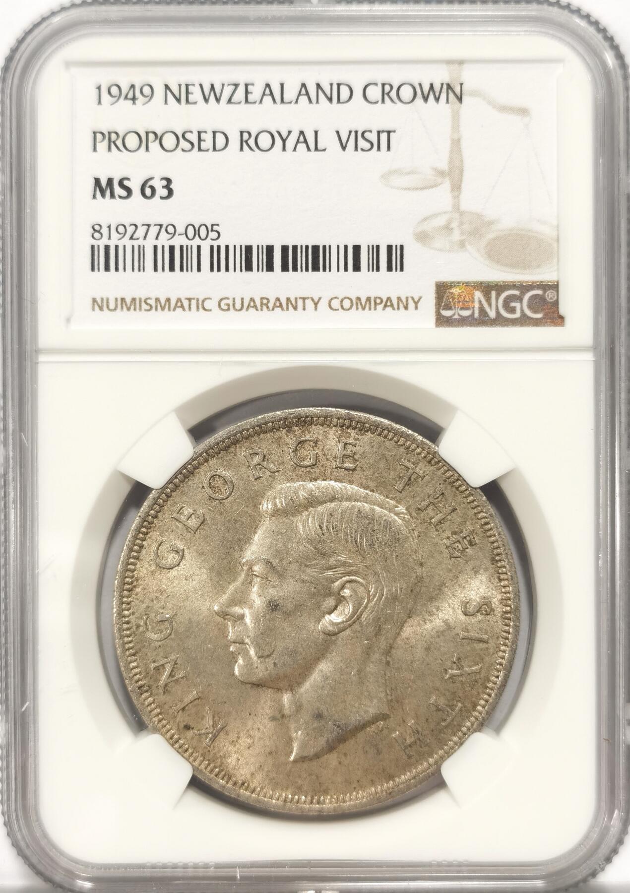 博洋堂世界钱币拍卖第084期（全场包邮） NGC MS63 新西兰1949年乔六1克朗，非常标准的出厂黄油彩，值得收藏