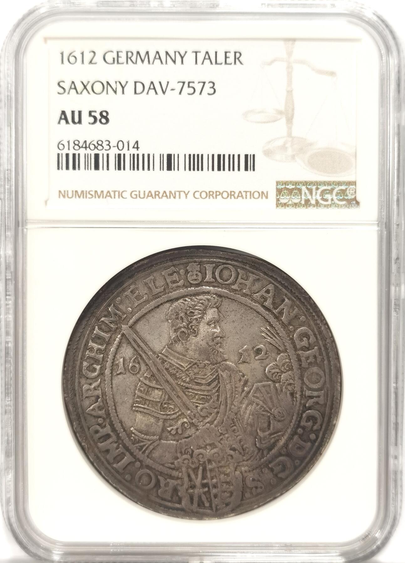 博洋堂世界钱币拍卖第084期（全场包邮） NGC AU58 神罗德国萨克森1612年帝选侯奥古斯特武士剑老泰勒 经典咖啡包浆，应该MS状态