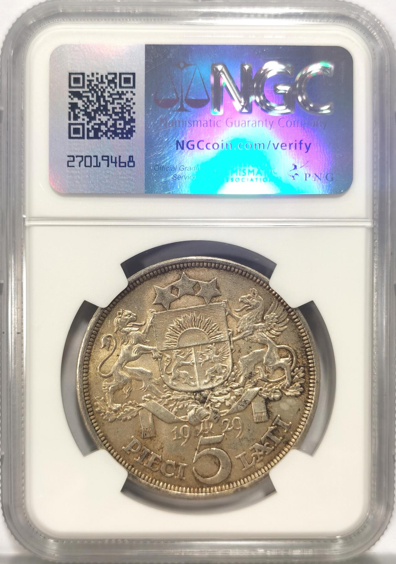 博洋堂世界钱币拍卖第084期（全场包邮） NGC MS62 拉脱维亚1929年5拉特，金色包浆，值得收藏