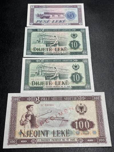 《外钞收藏家》第三百八十九期 - 阿尔巴尼亚100 样钞 再加三张小面额 一张有折 2-3张轻微潮