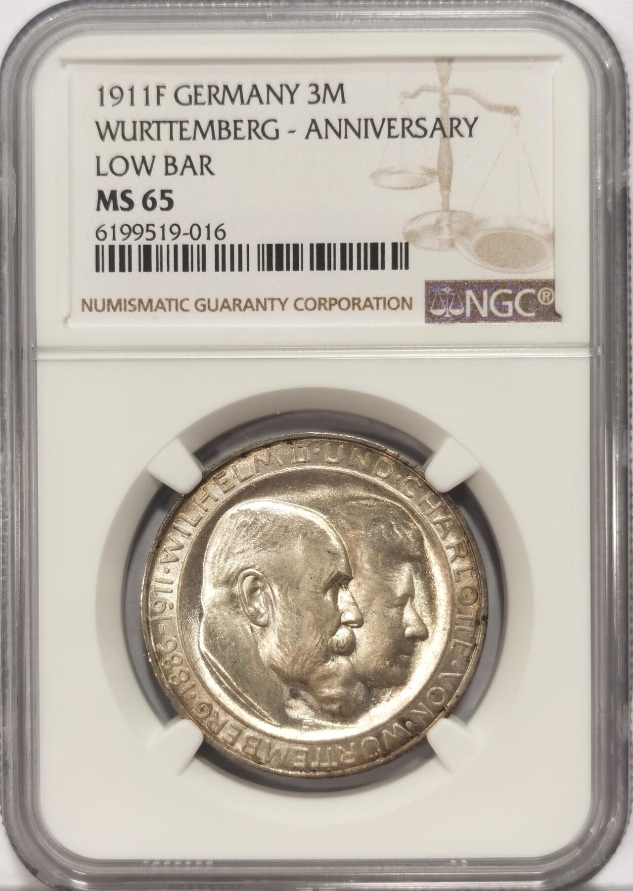 博洋堂世界钱币拍卖第084期（全场包邮） NGC MS65 德国符腾堡1911年银婚3马克银币