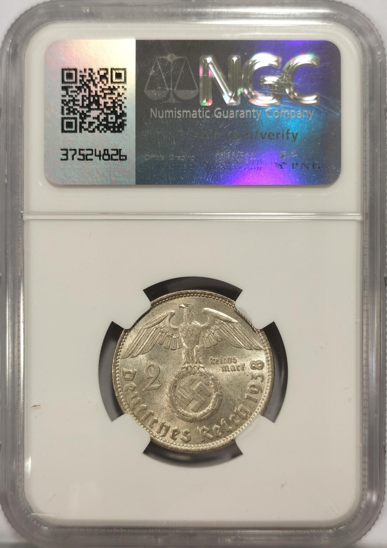 博洋堂世界钱币拍卖第084期（全场包邮） NGC MS63 德国1938B版兴登堡2马克银币，币面干净，BU品相