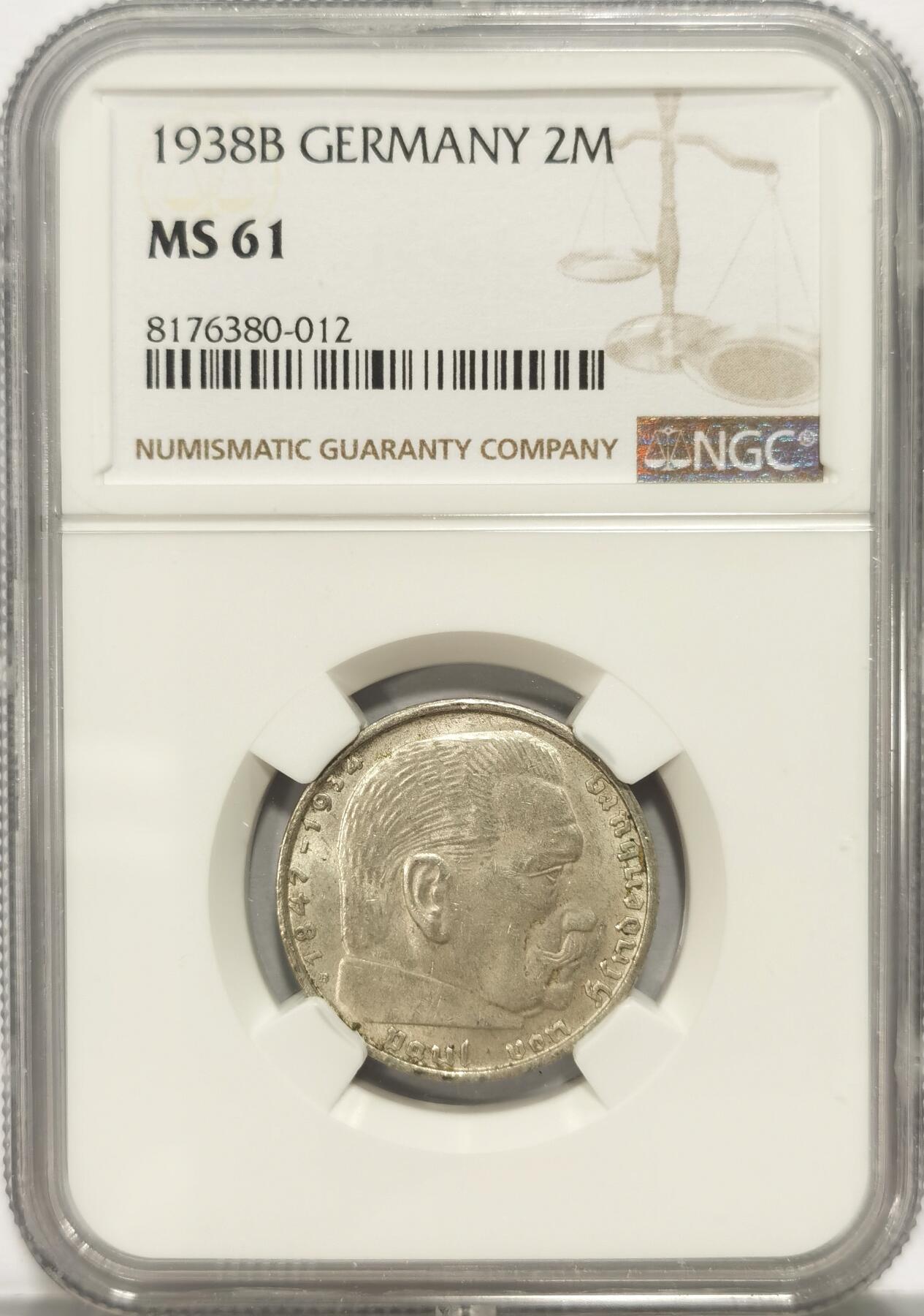 博洋堂世界钱币拍卖第084期（全场包邮） NGC MS61 德国1938B版兴登堡2马克银币，未流通好品相